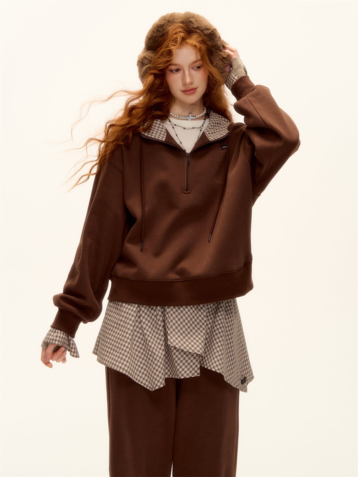 AsGony ASG24642&ASG24641 Plaid patchwork fleece hoodie + pants set