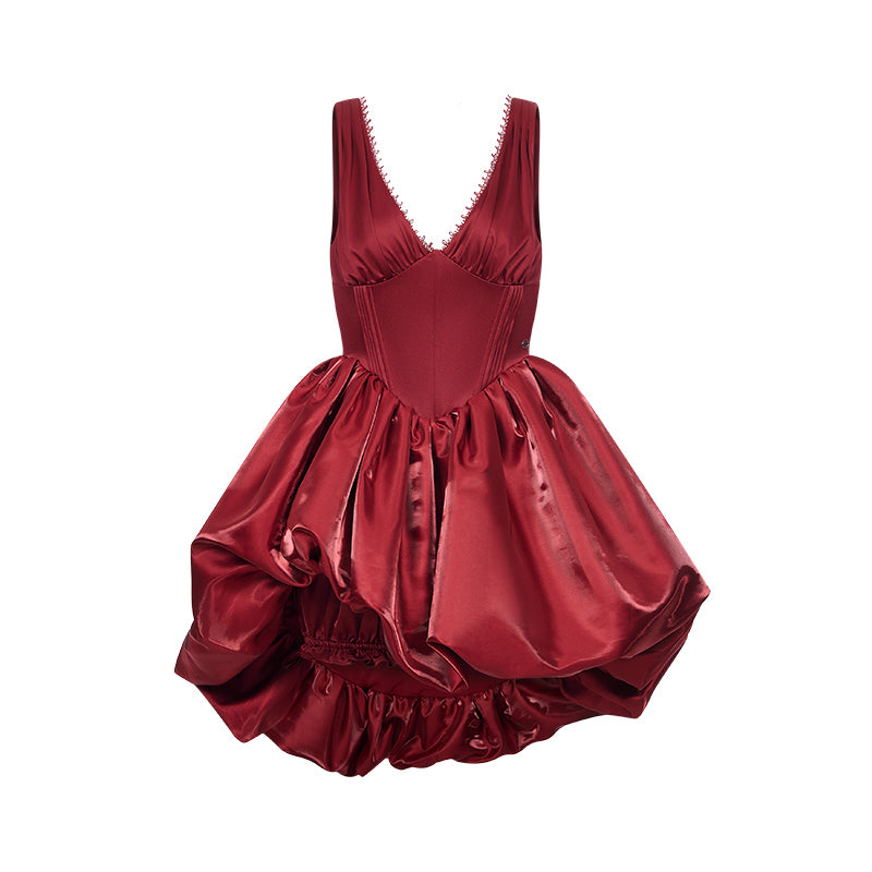 SHEERLUCK SLLYQ26105 French V-neck waist cinched puffy dress (Red)