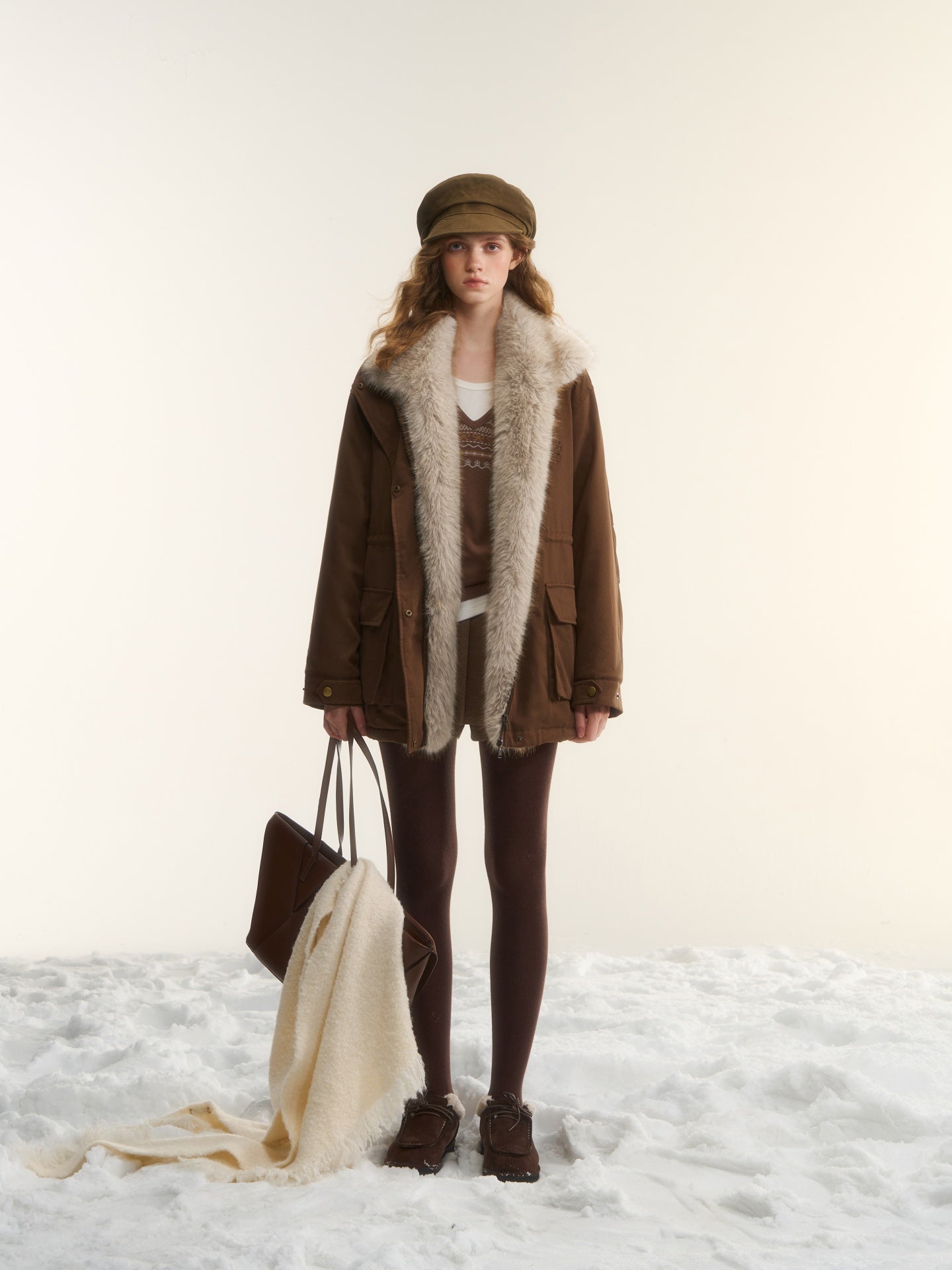 AsGony ASG25564 Detachable wool collar clip cotton Lyocell Parker jacket