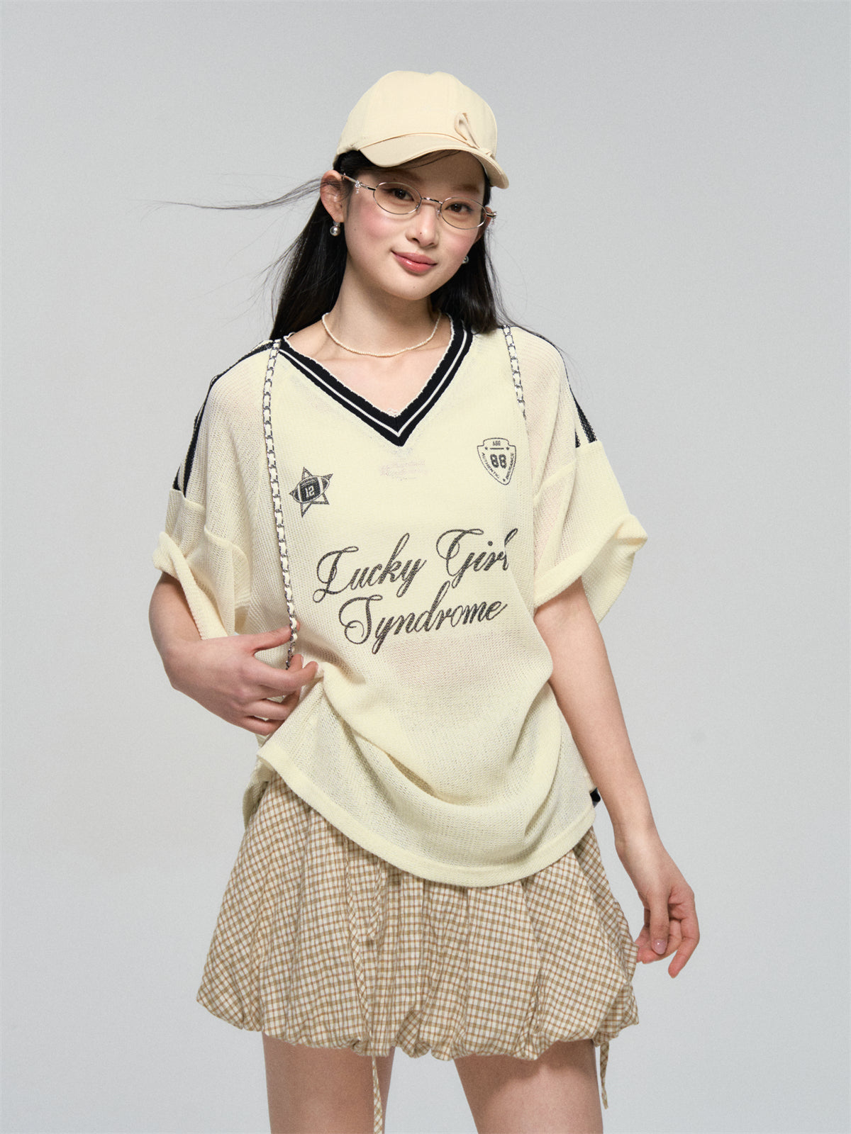 AsGony ASG25080 Jersey style contrasting ribbon T-shirt (2color)