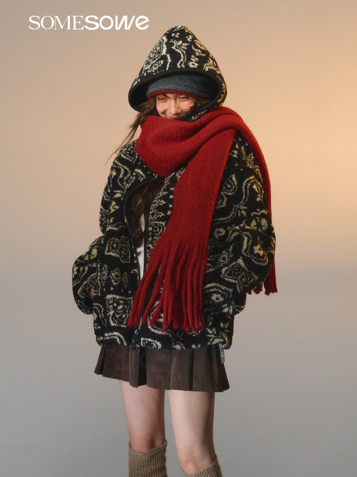 SOMESOWE S2508256 Jacquard fleece hooded casual jacket