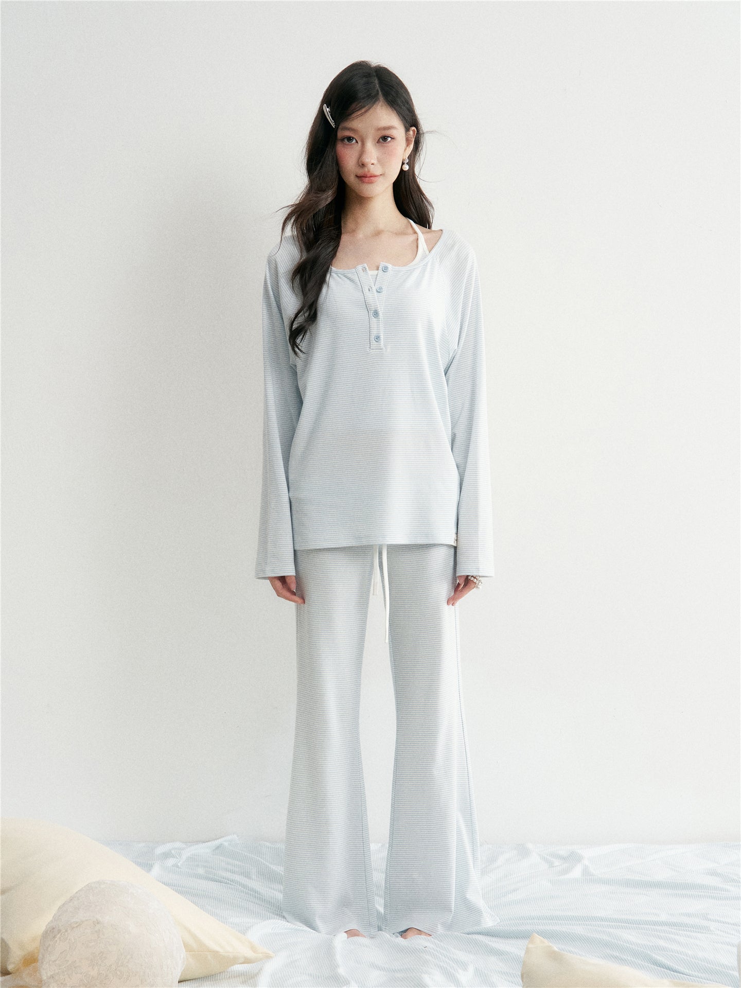 16DEWS 16D26028&16D26029&16D26030 Striped round neck top+tank top+micro flared casual pants