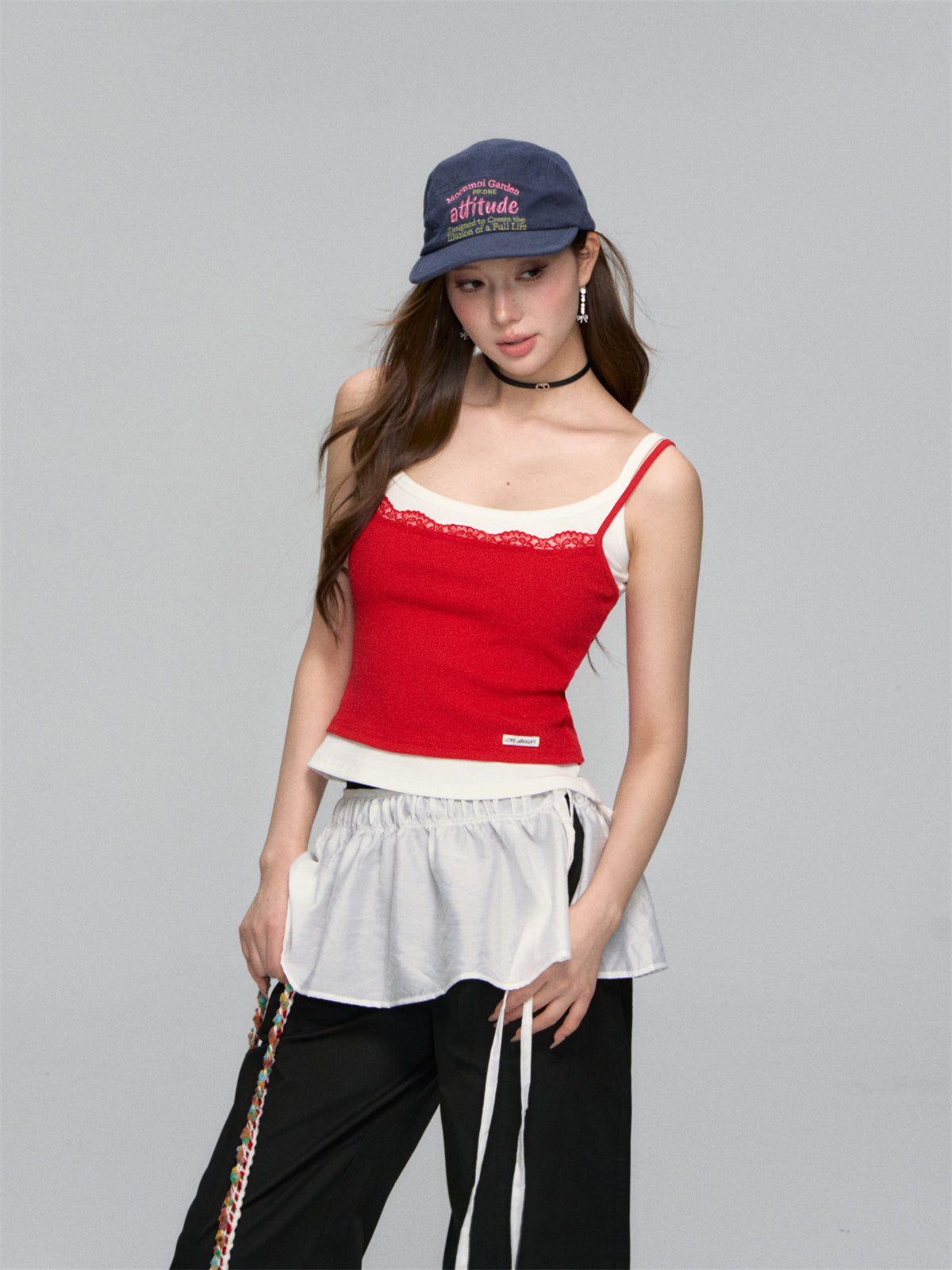 AsGony ASG25154 Fake two-piece lace patchwork camisole vest (2color)