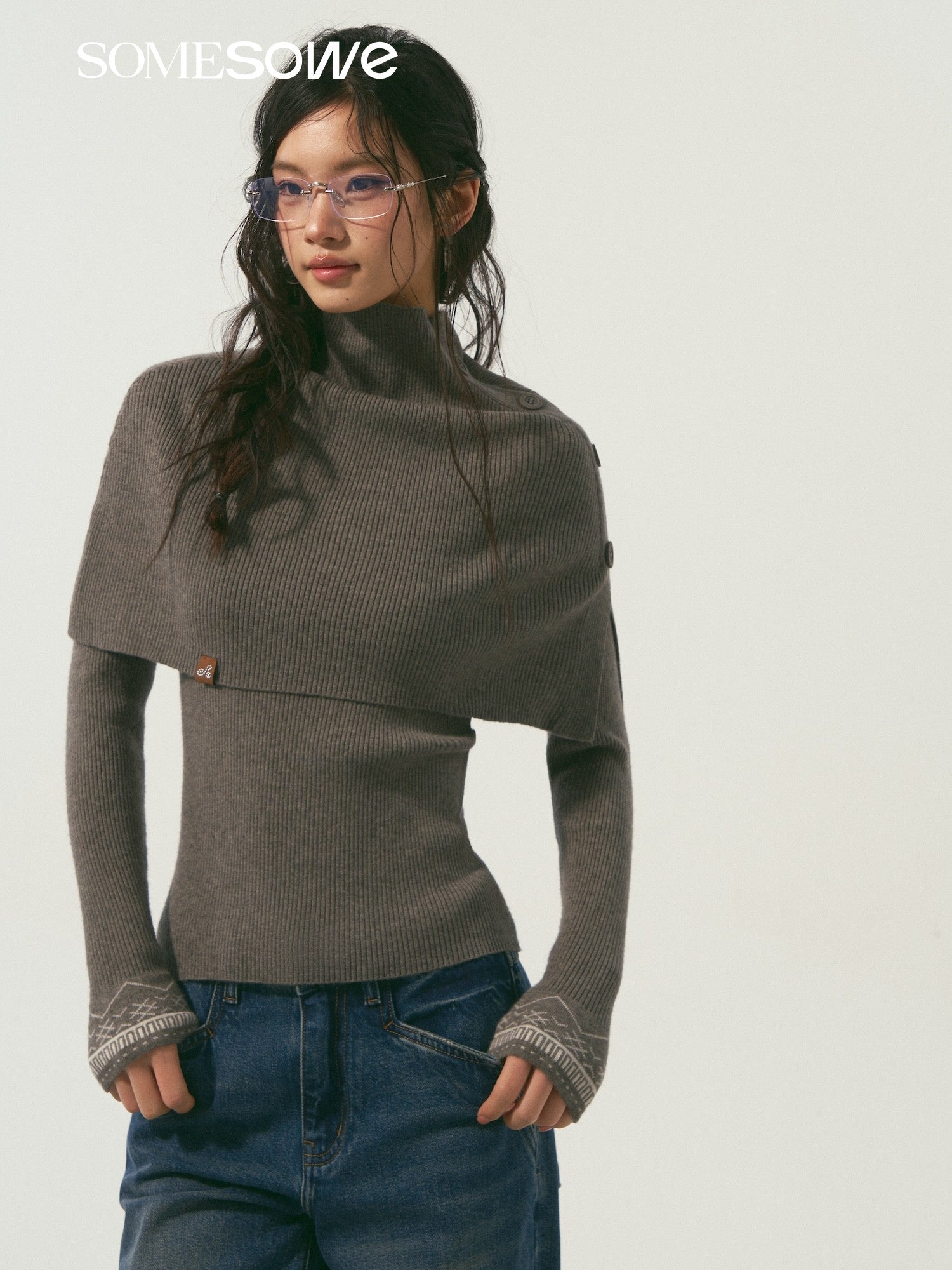 SOMESOWE S2508338 Shawl real two long sleeved knitted top