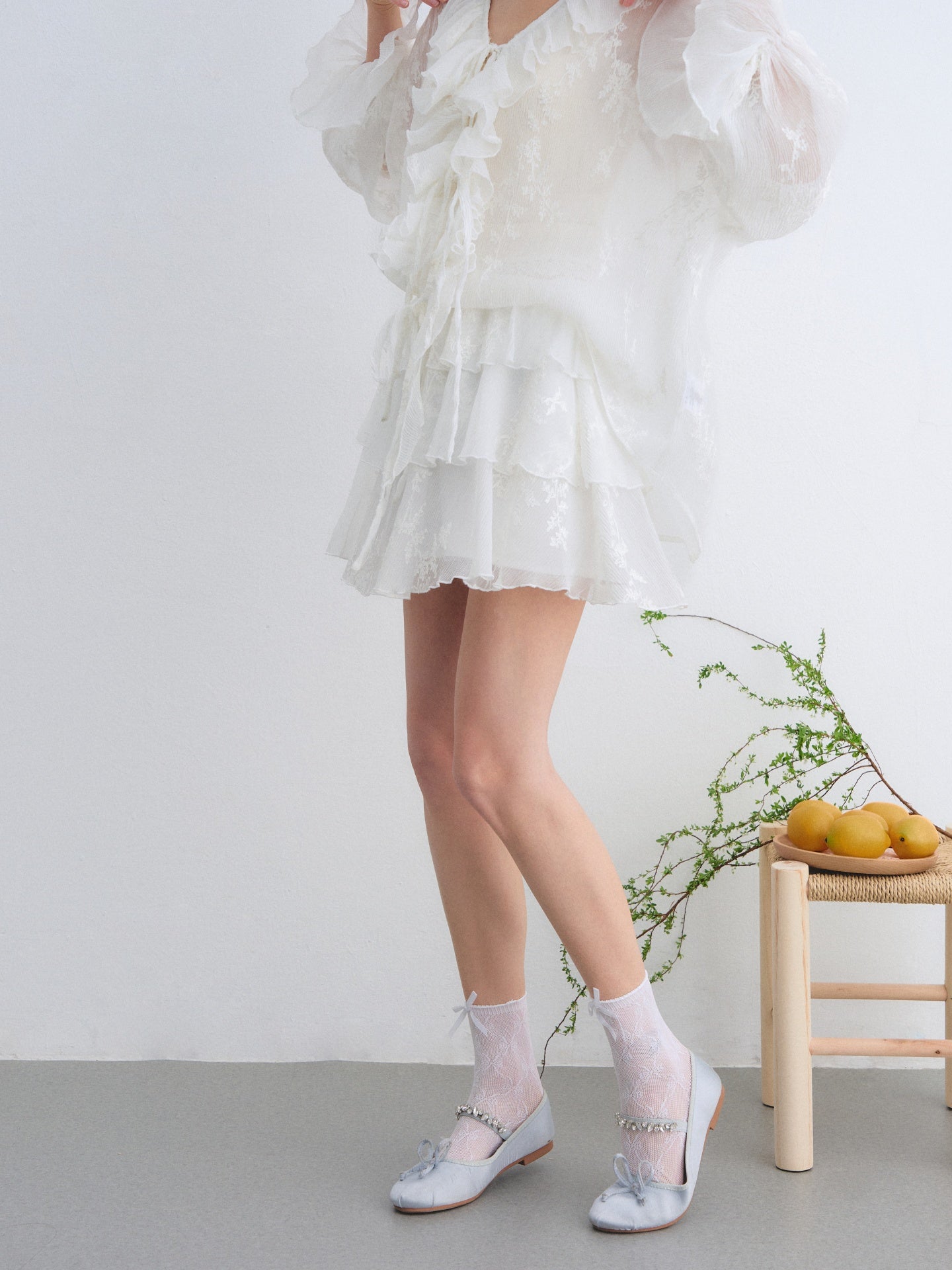 AsGony ASG26015&ASG26016 Chiffon pleated embroidered ruffle edge shirt + skirt