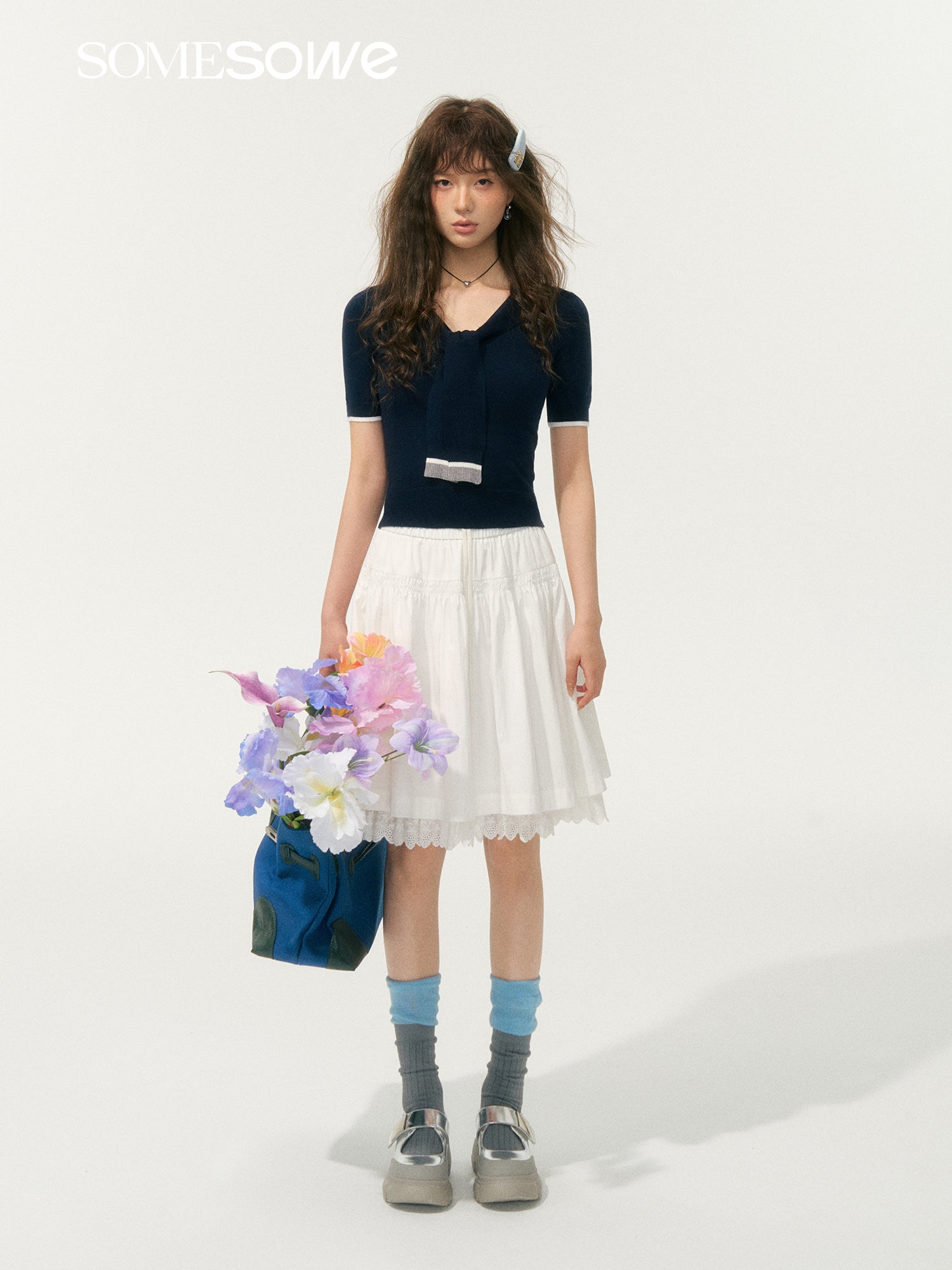 SOMESOWE S2508069 Navy collar tie knit top (2color)