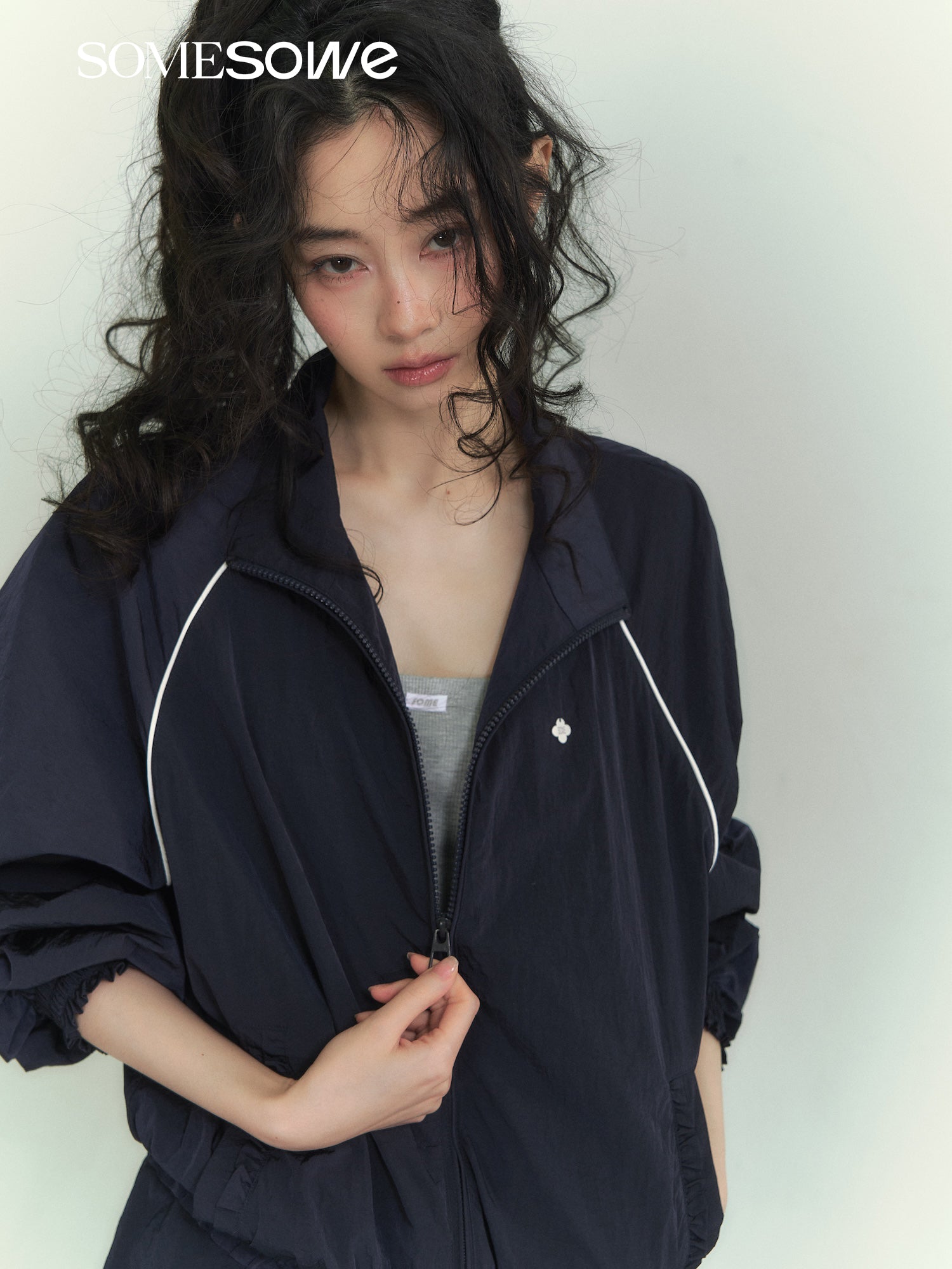 SOMESOWE S2609061&S2609062 Splicing stand up collar casual jacket + floral camisole dress