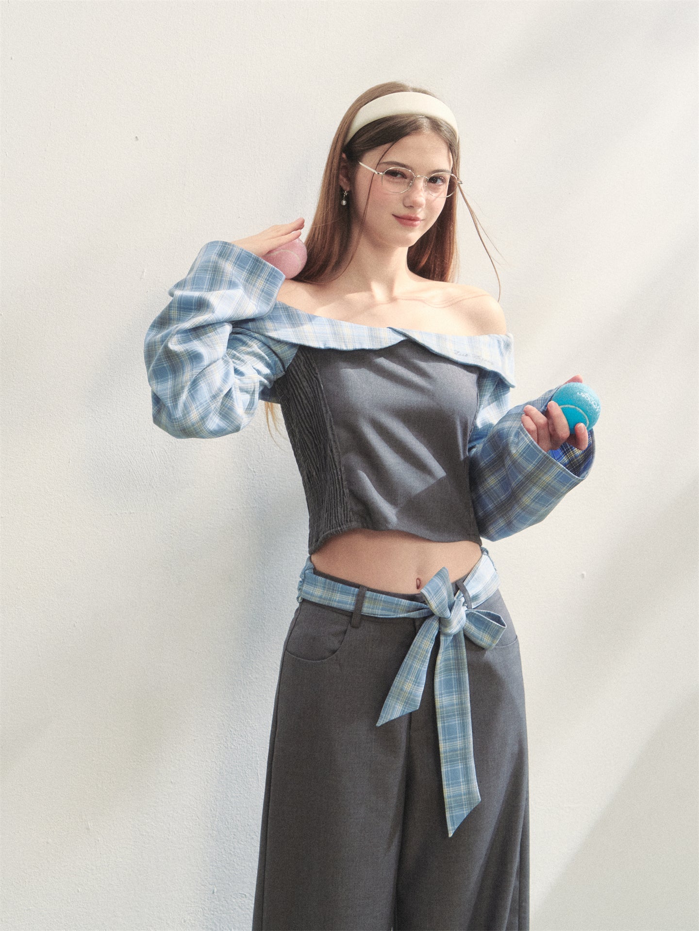 AsGony ASG25263&ASG25264 Plaid patchwork off-shoulder top + pants set