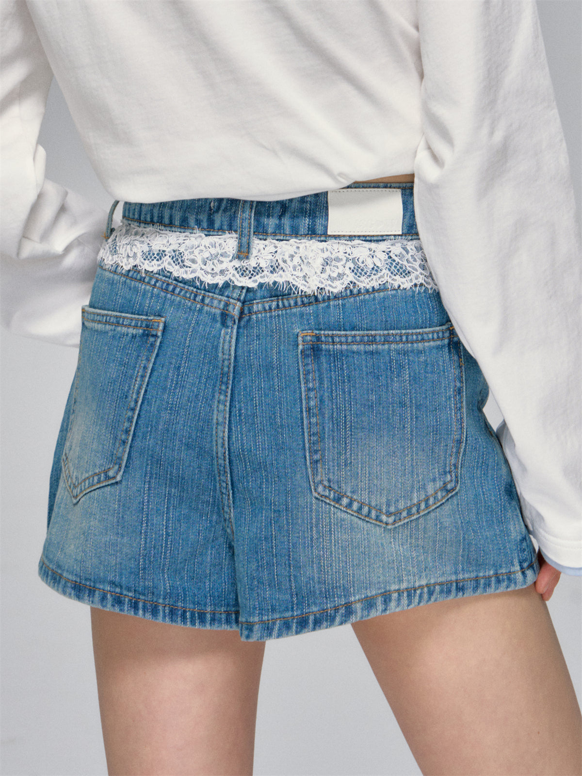 AsGony ASG25027 Lace patchwork denim pantskirt