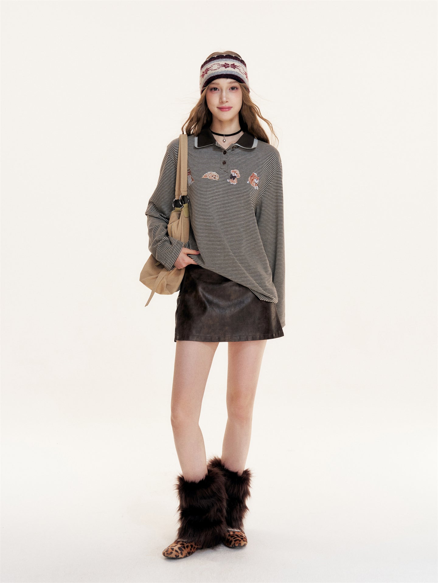 16DEWS 16D25403 Dog print double-layer collar design striped top