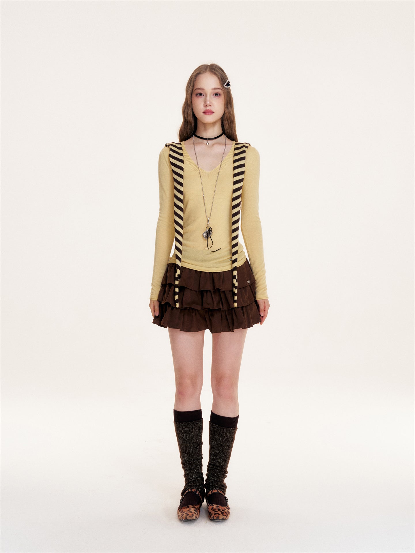 16DEWS 16D25418 Striped shawl V-neck knitted base top