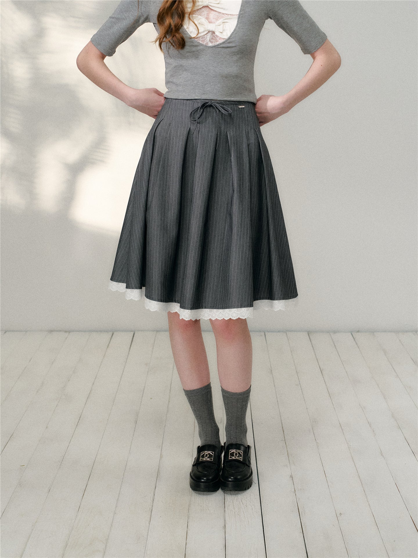 16DEWS 16D26131 Lace patchwork striped A-line large swing skirt