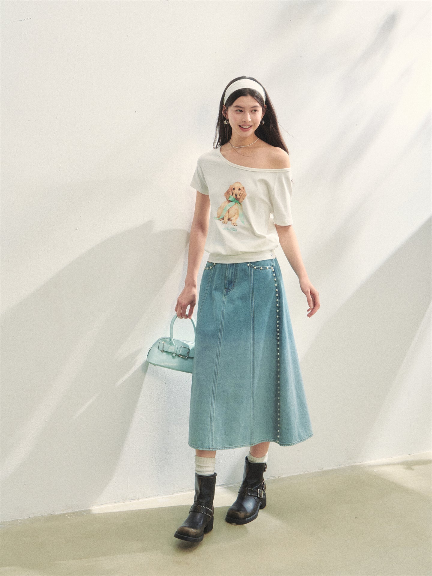 AsGony ASG25272 One shoulder bow dog short sleeved T-shirt (2color)