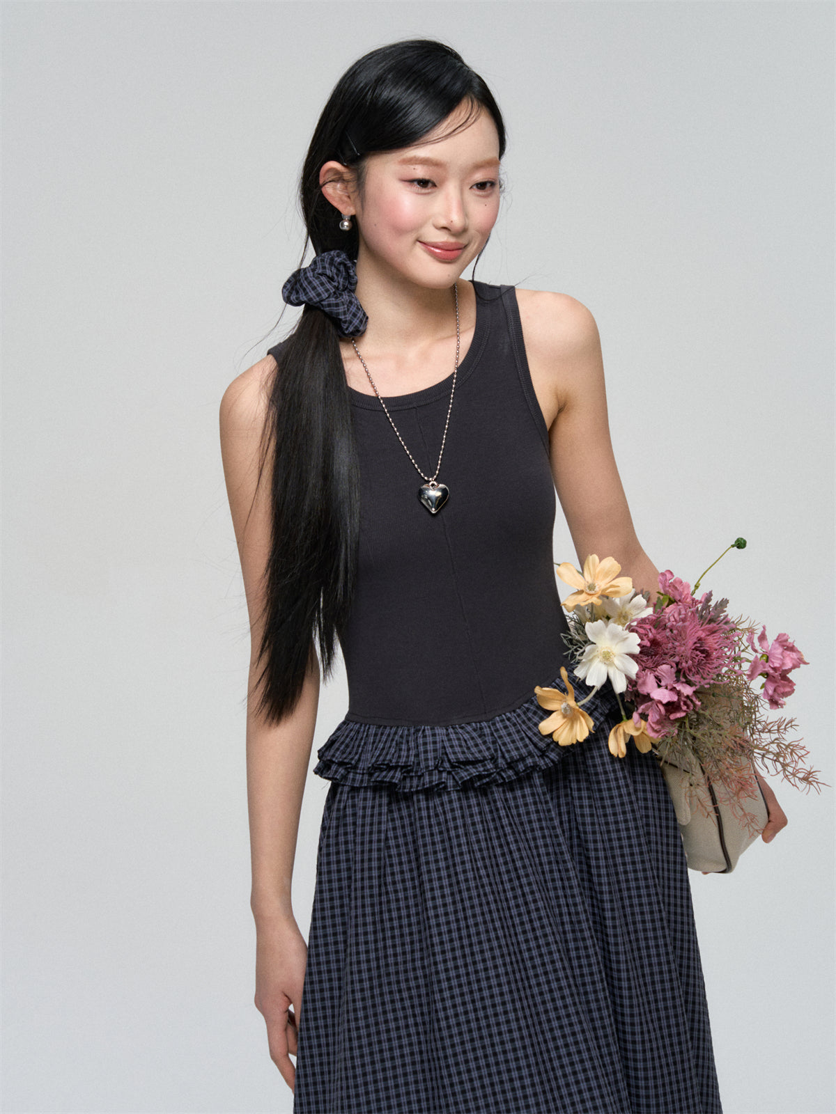 AsGony ASG25093 Color blocking plaid sleeveless dress