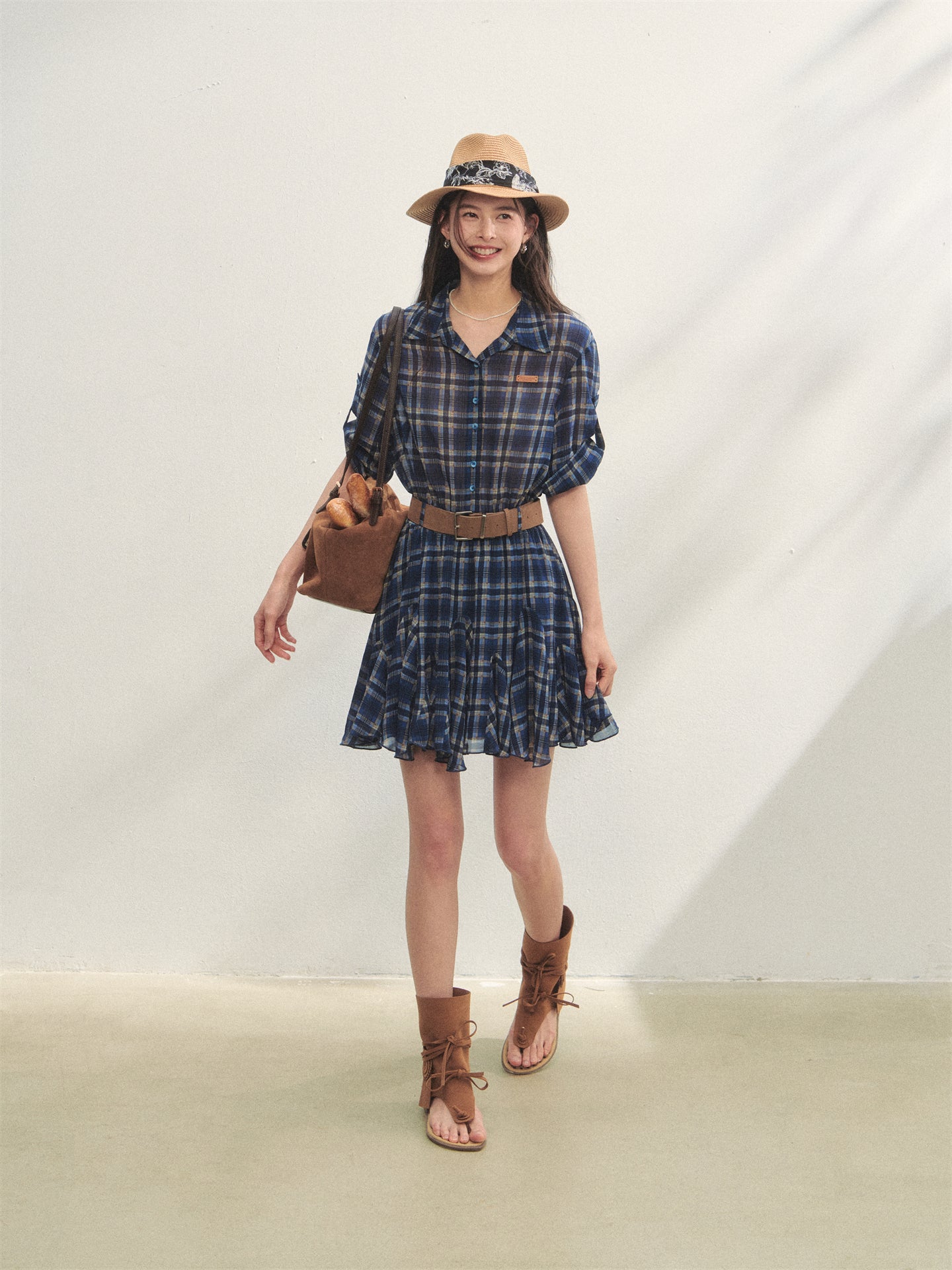 AsGony ASG25260 Plaid waist cinched long sleeved shirt dress