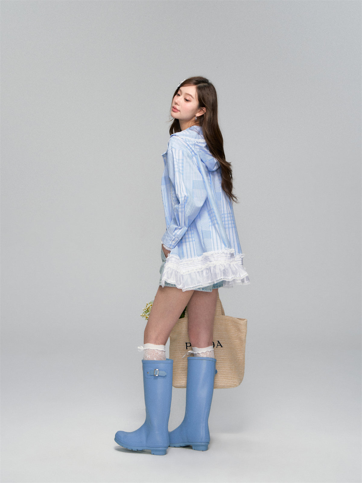 AsGony ASG25122 Plaid patchwork lace hooded shirt