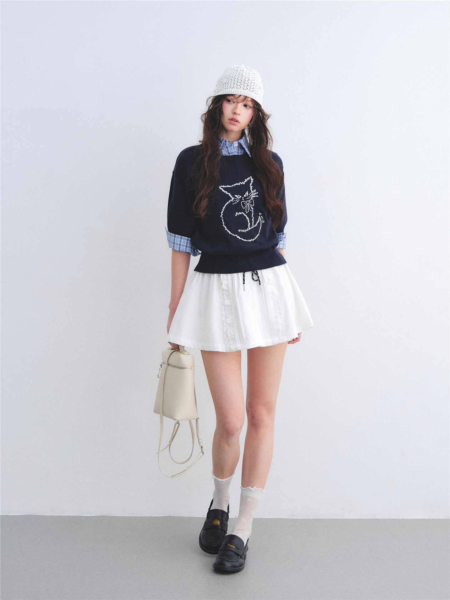 AsGony ASG26005 Round-neck jacquard cat print short-sleeved knit pullover