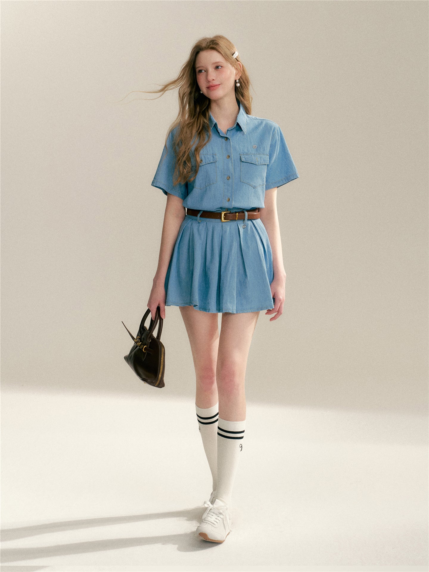 16DEWS 16D24084 Soft denim short sleeved shirt + skirt set