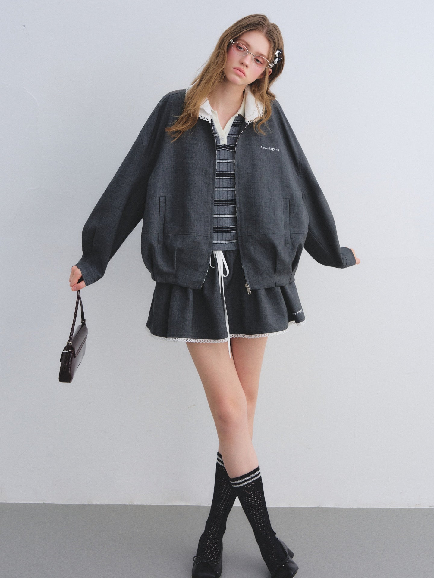 AsGony ASG25668&ASG25645 Lace collar decorative flower bud jacket + short skirt set