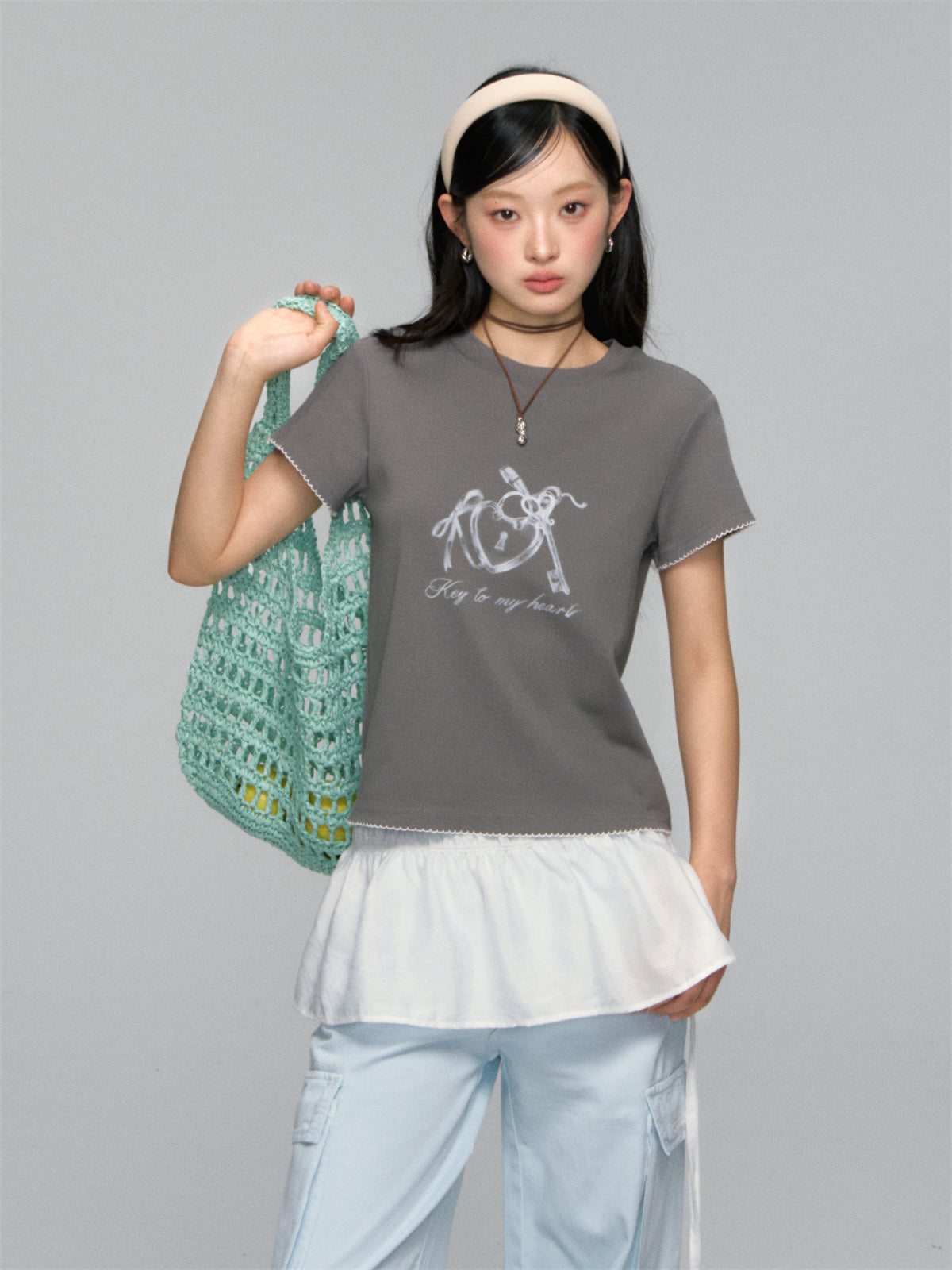 AsGony ASG25151 Printed border loose T-shirt (2color)