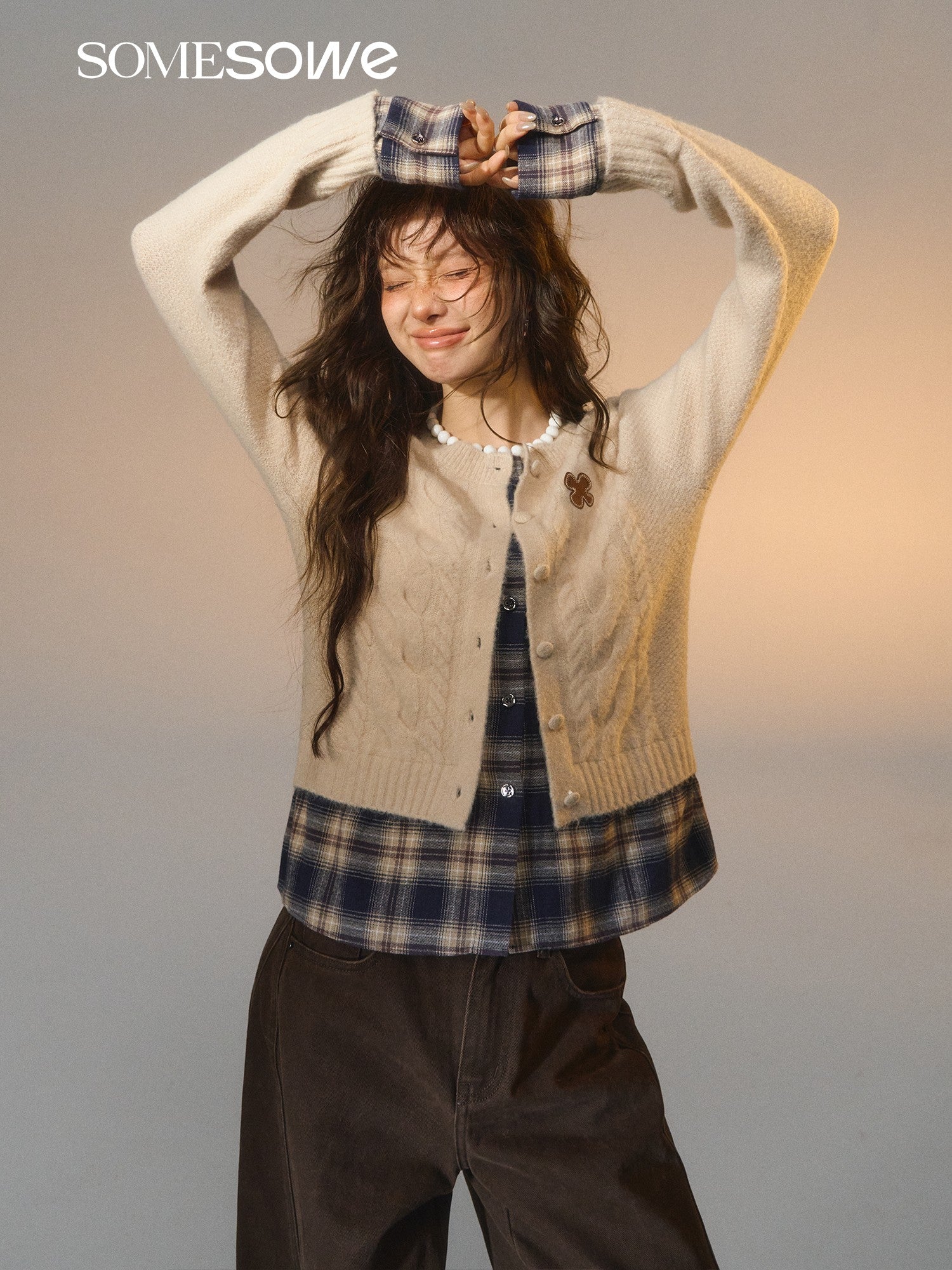 SOMESOWE S2508275 Fake two piece checkered spliced floral cardigan