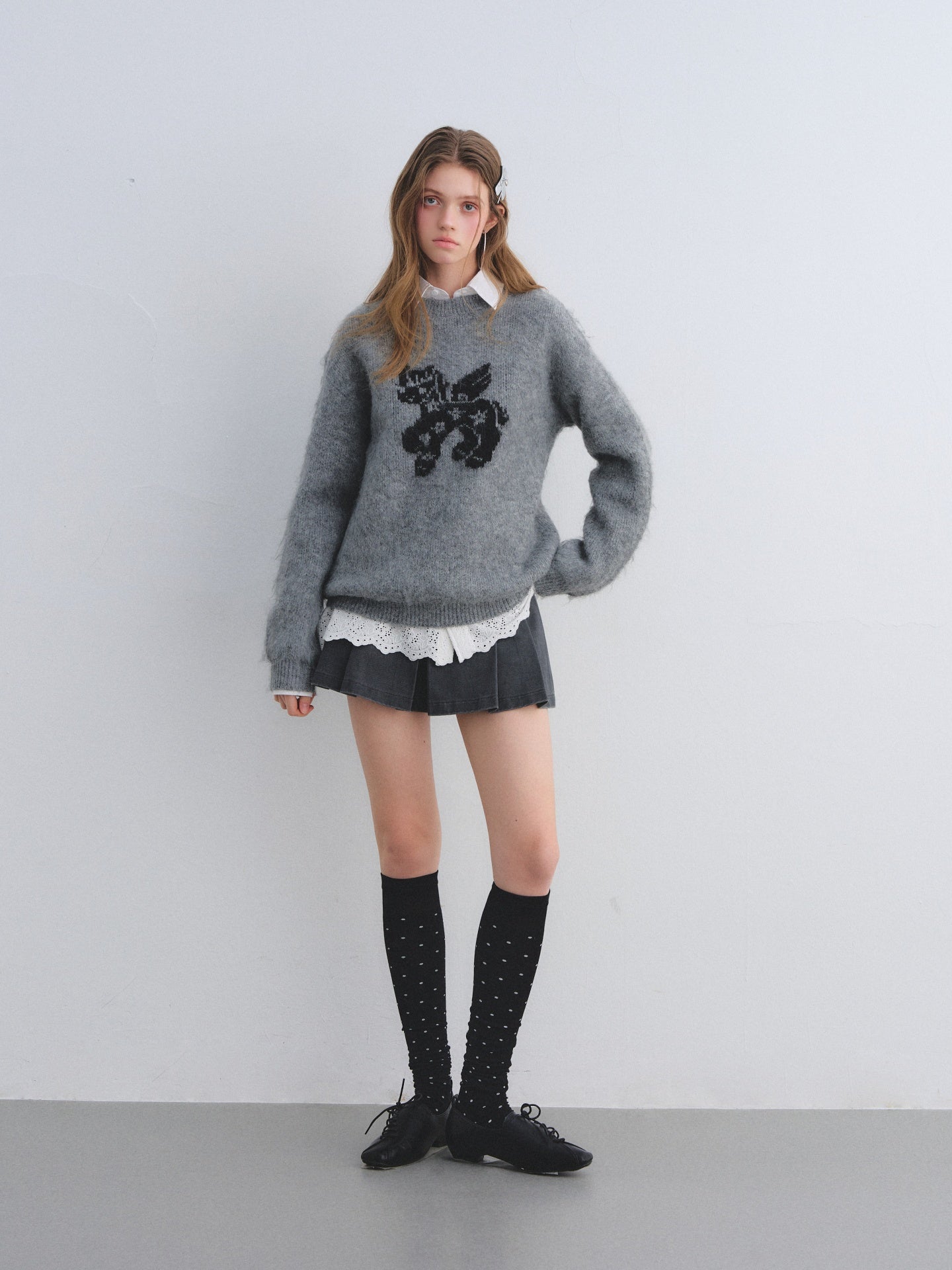 AsGony ASG25649&ASG25679 Wool round neck jacquard sweater + skirt set