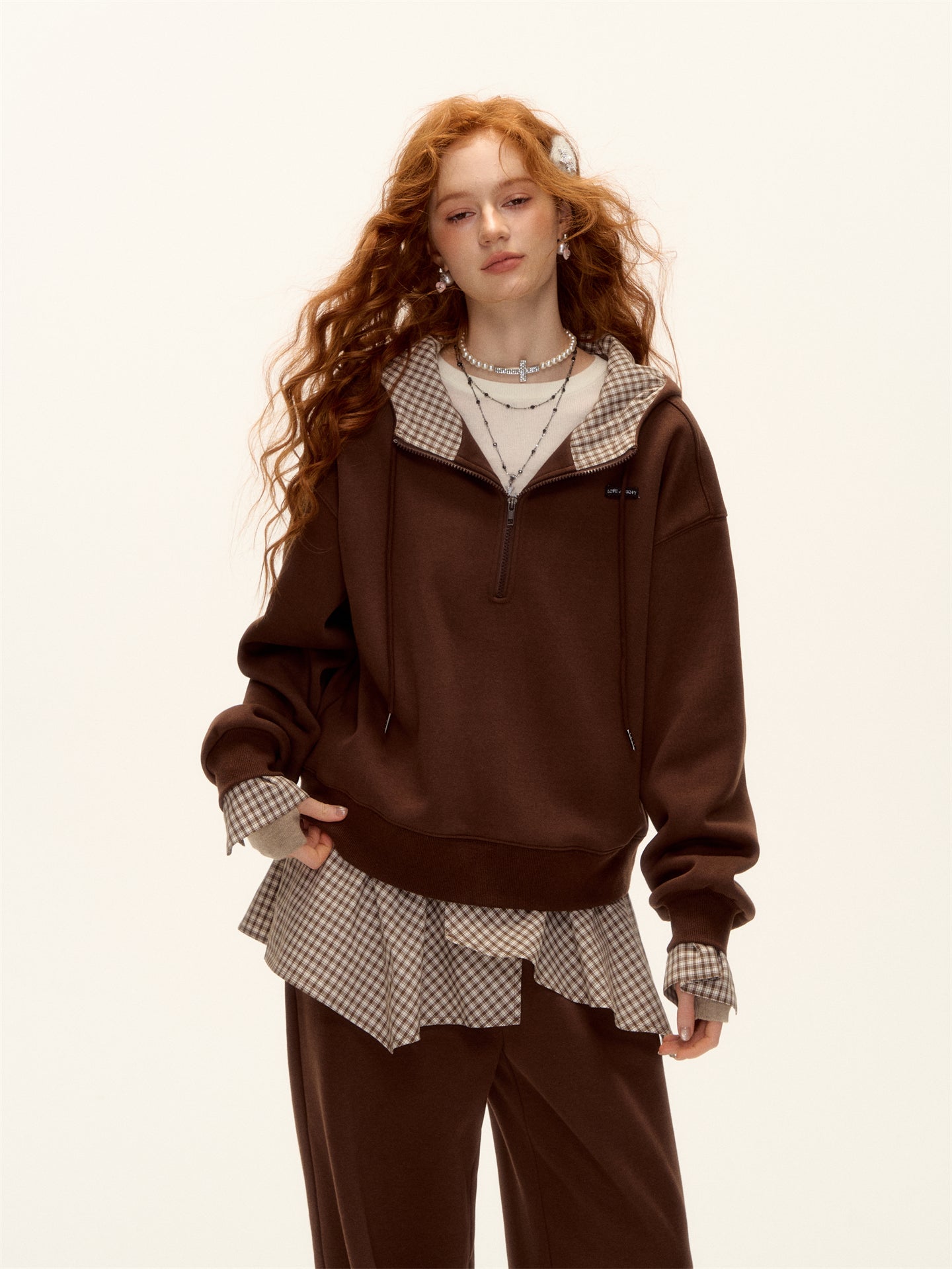 AsGony ASG24642&ASG24641 Plaid patchwork fleece hoodie + pants set