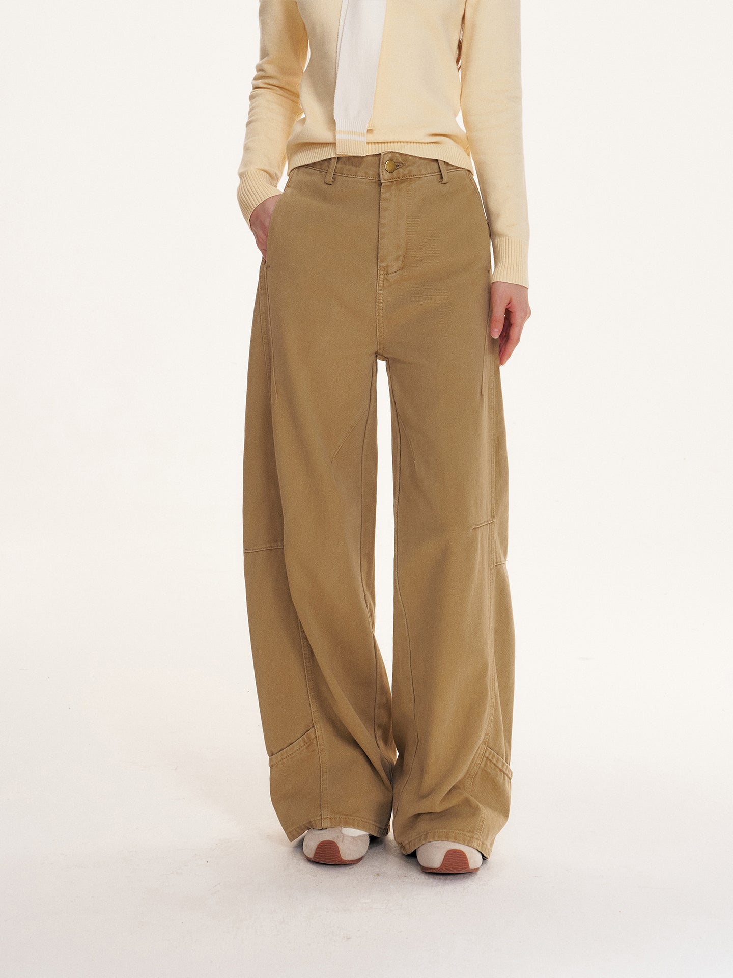 16DEWS 16D25404 Splicing design khaki wide leg jeans