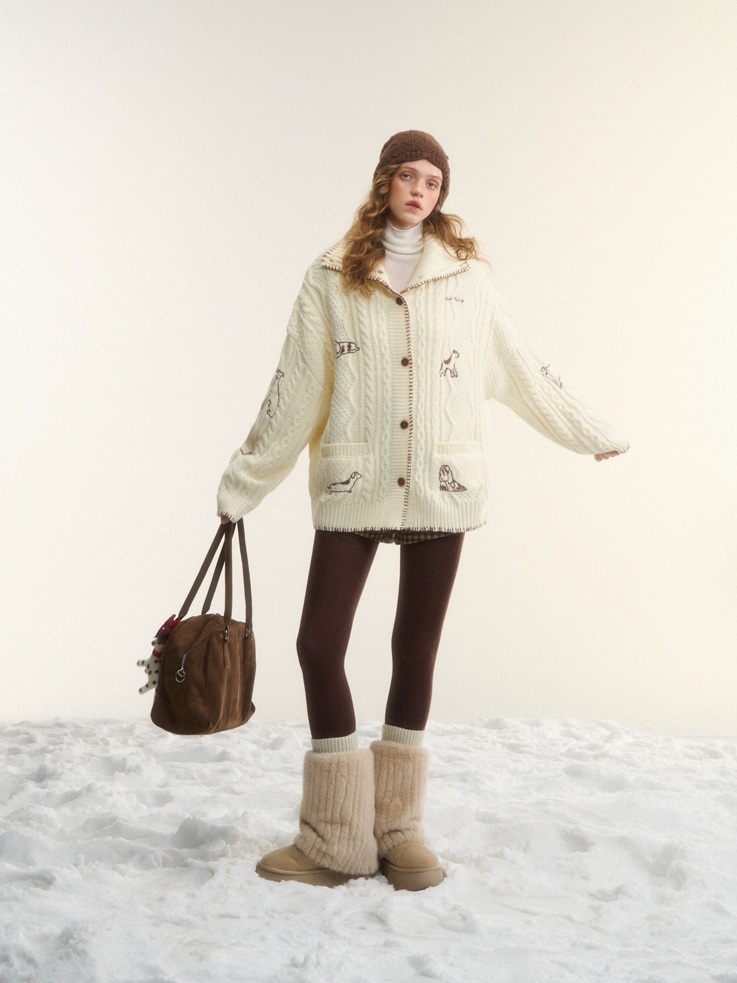 AsGony ASG25557 Wool Embroidered Stand up Collar Twisted Knitted Coat