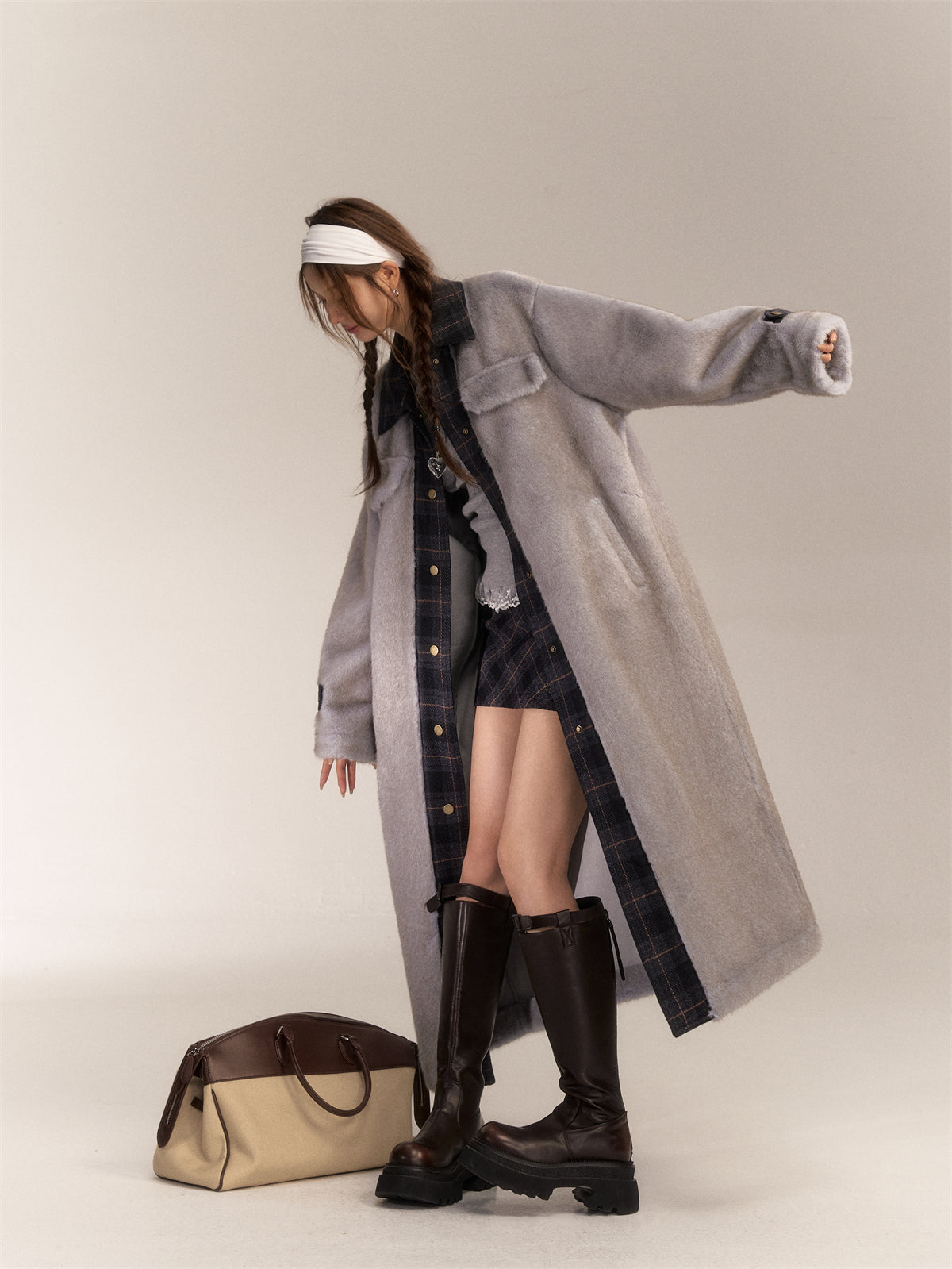 AsGony ASG24646 Plaid patchwork wool long coat