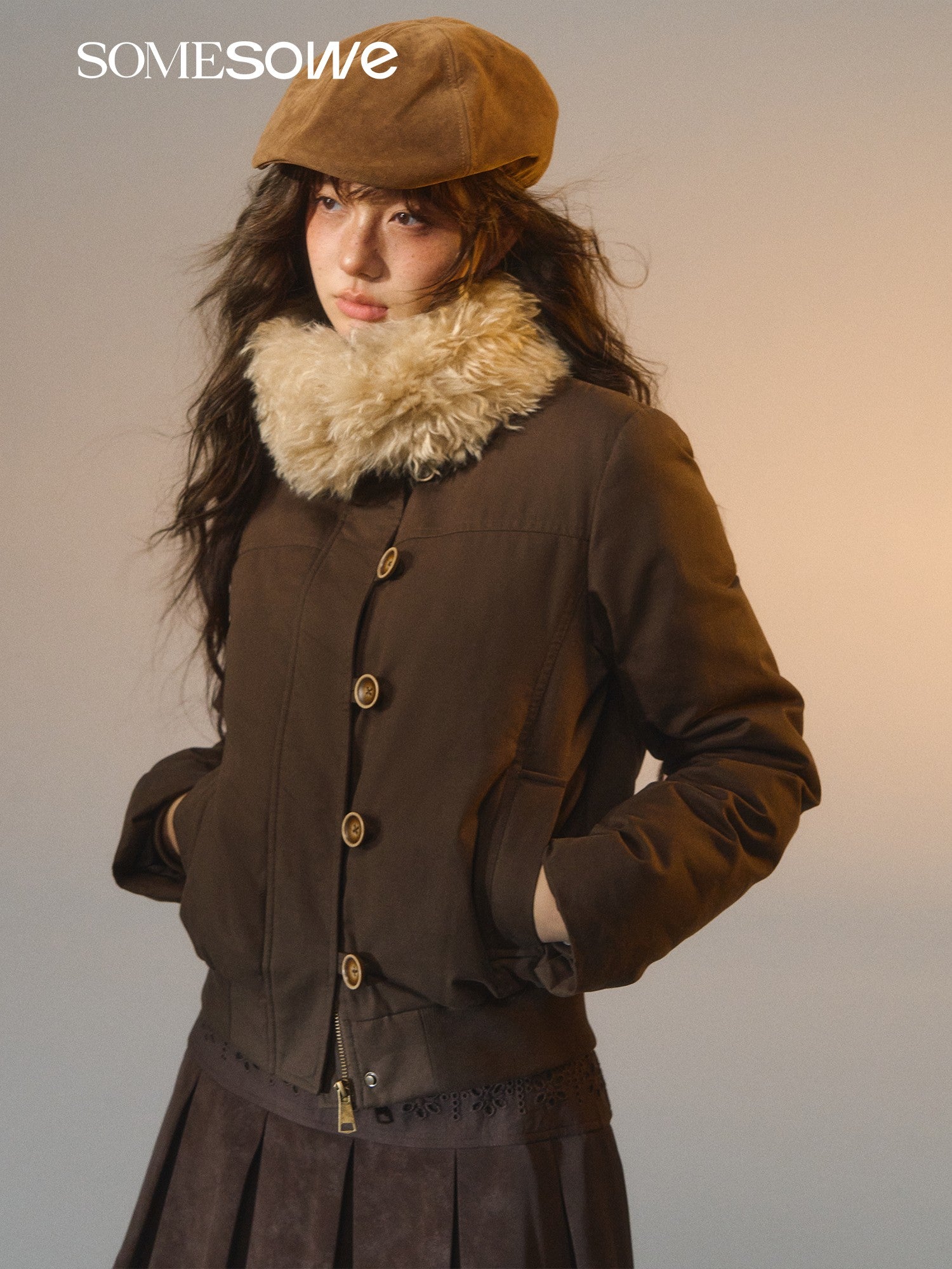 SOMESOWE S2508265 Detachable fur collar slim down jacket
