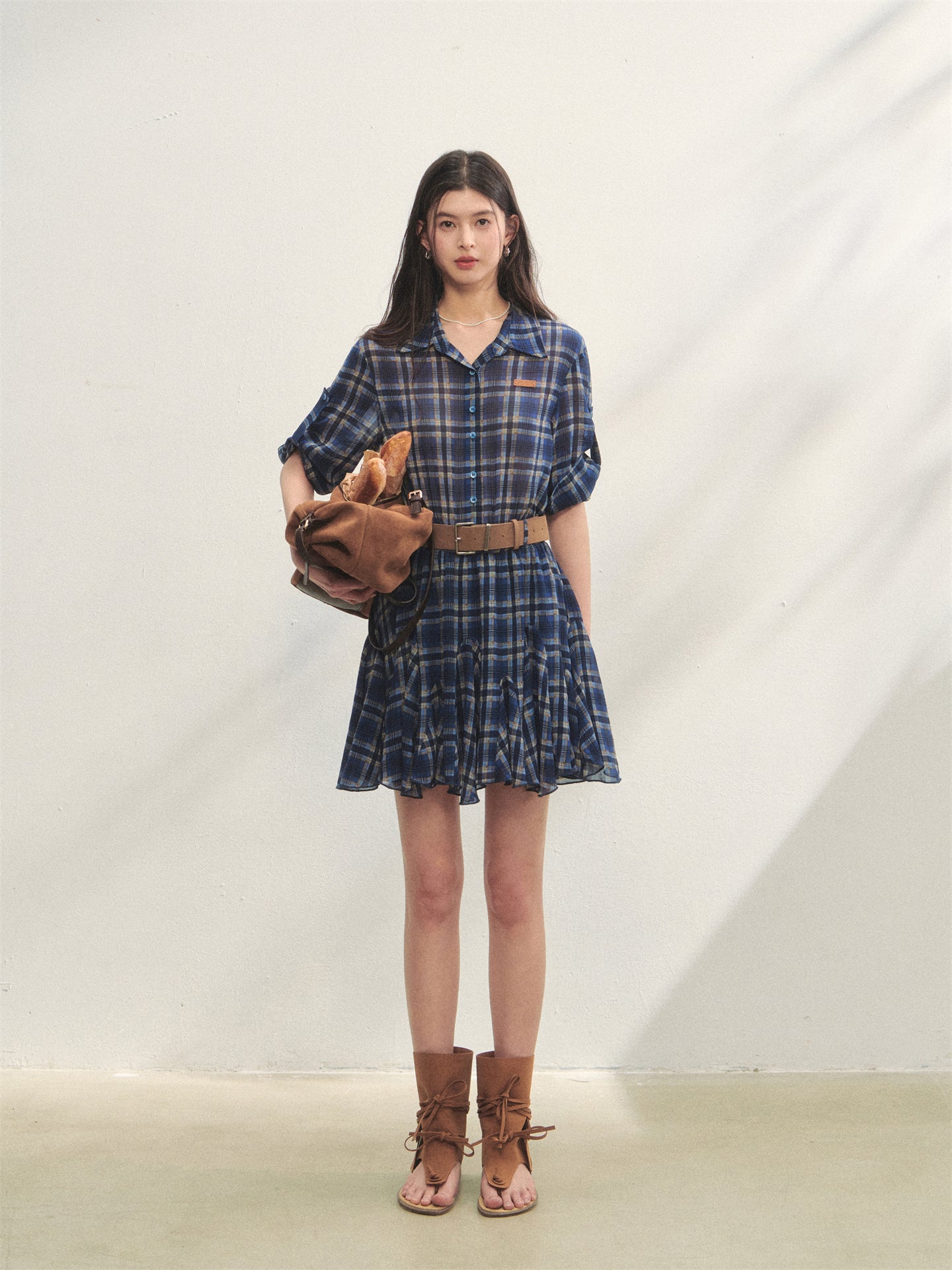 AsGony ASG25260 Plaid waist cinched long sleeved shirt dress