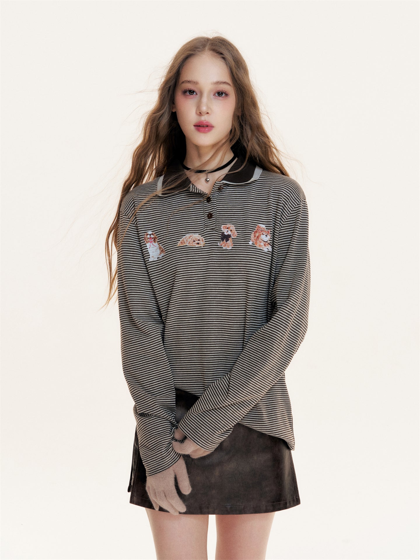 16DEWS 16D25403 Dog print double-layer collar design striped top