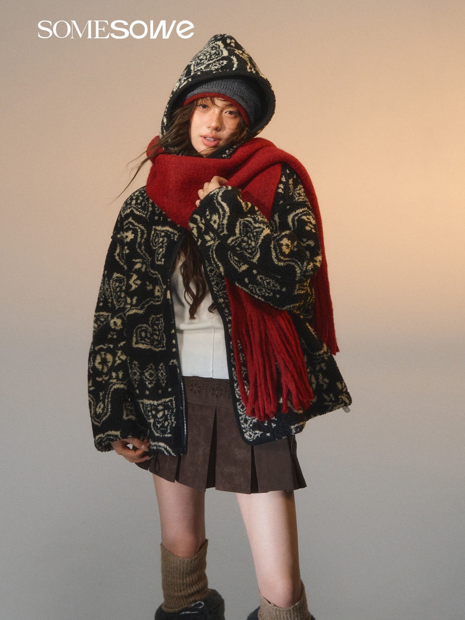 SOMESOWE S2508256 Jacquard fleece hooded casual jacket
