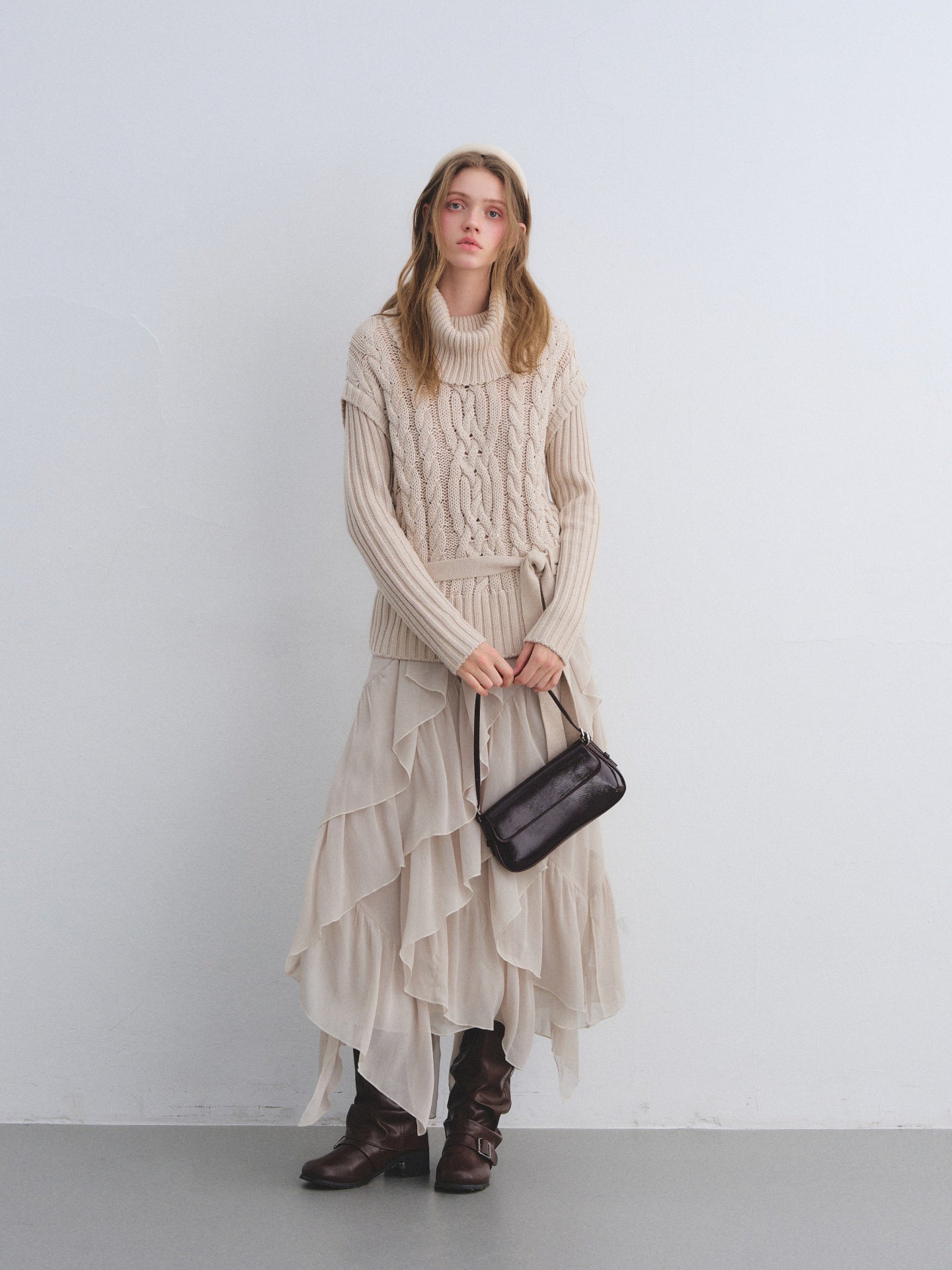 AsGony ASG25681&ASG25677 Wool fake two high necked sweaters + skirt set