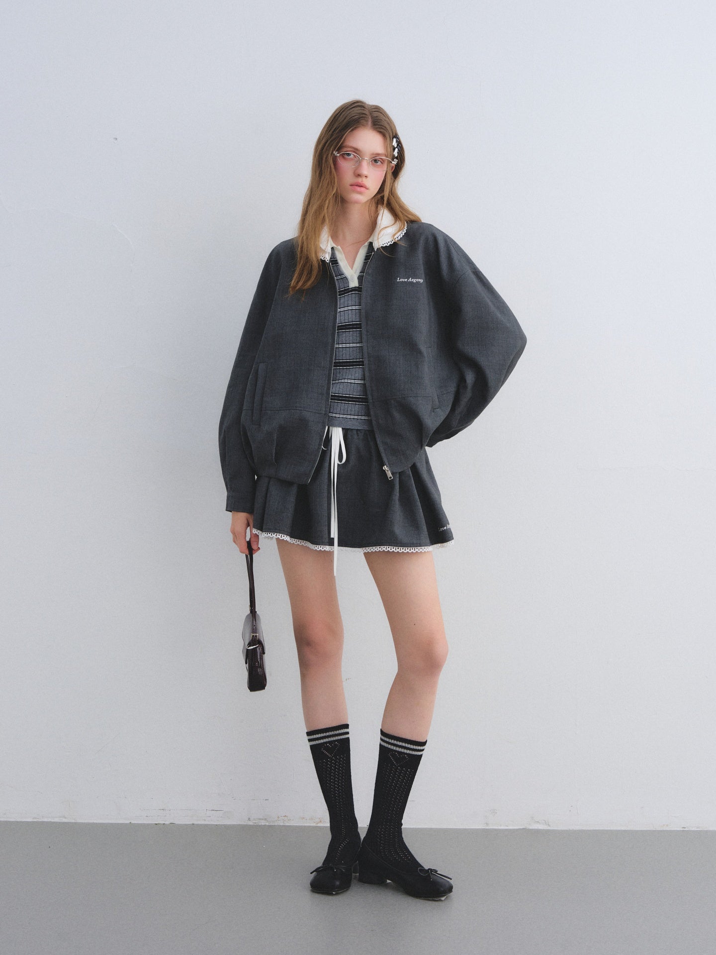 AsGony ASG25668&ASG25645 Lace collar decorative flower bud jacket + short skirt set