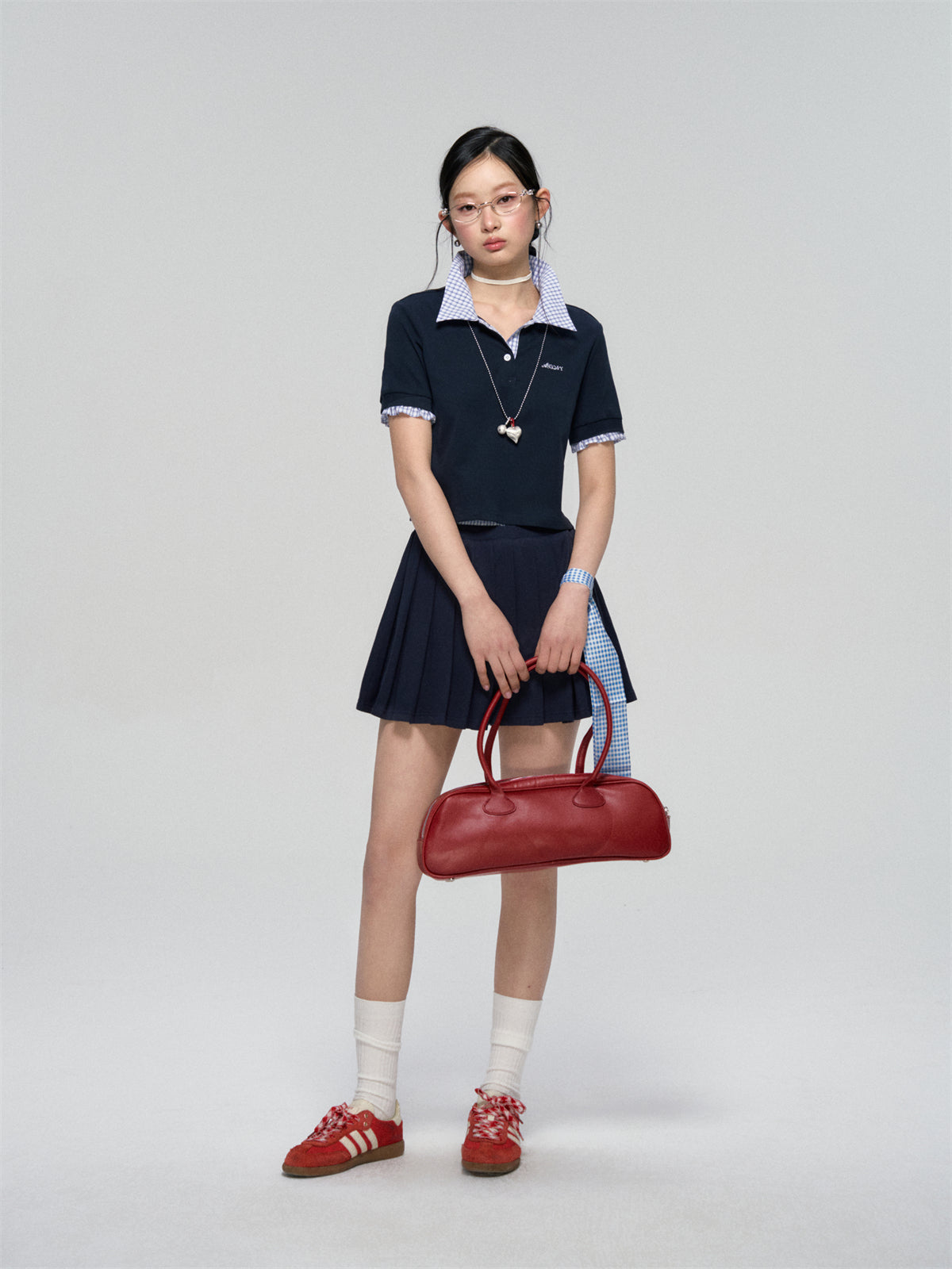 AsGony ASG25090 Embroidered plaid patchwork polo shirt