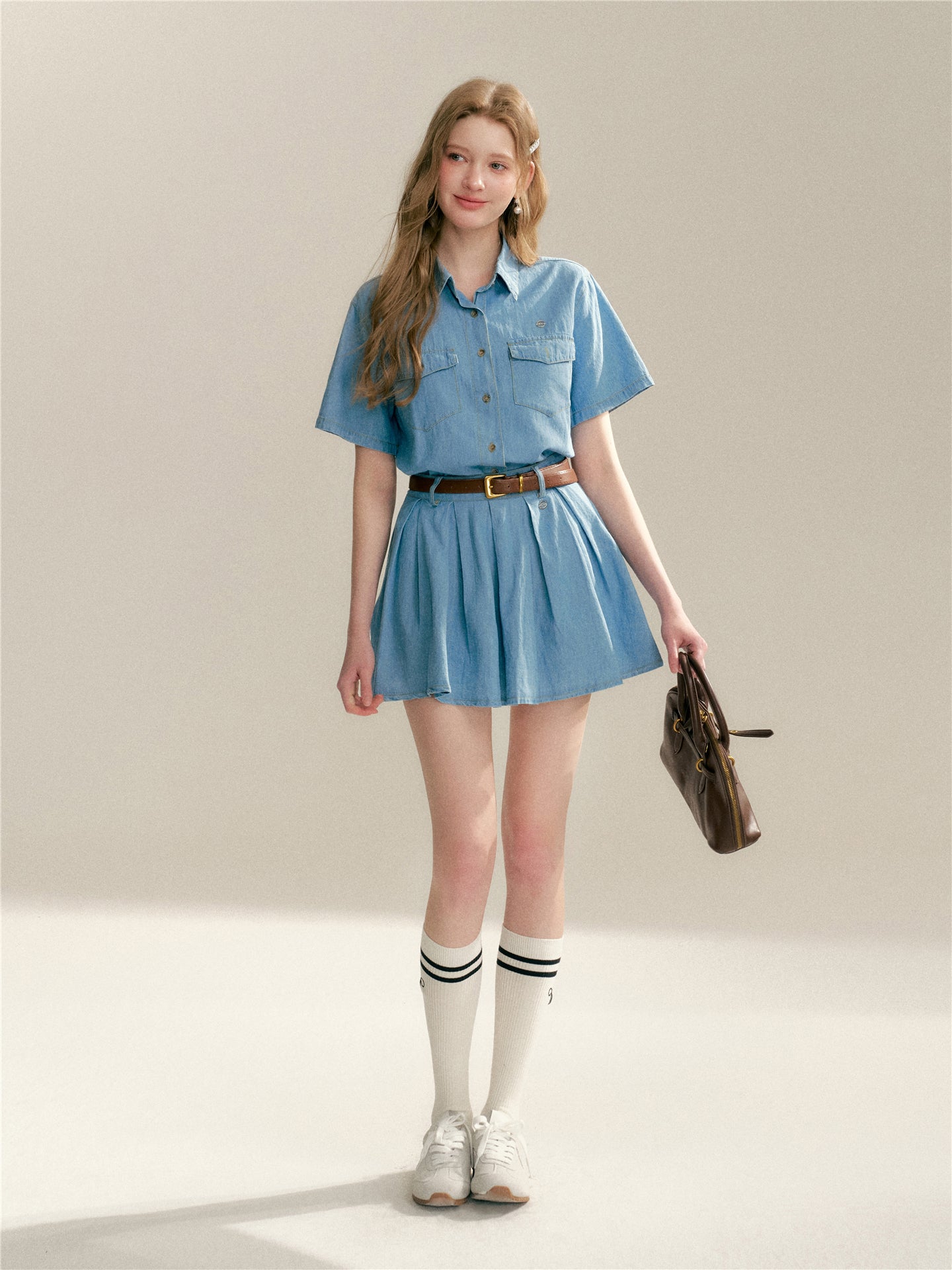 16DEWS 16D24084 Soft denim short sleeved shirt + skirt set