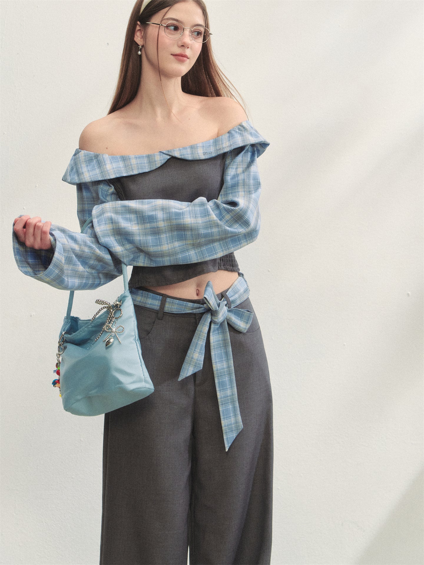 AsGony ASG25263&ASG25264 Plaid patchwork off-shoulder top + pants set