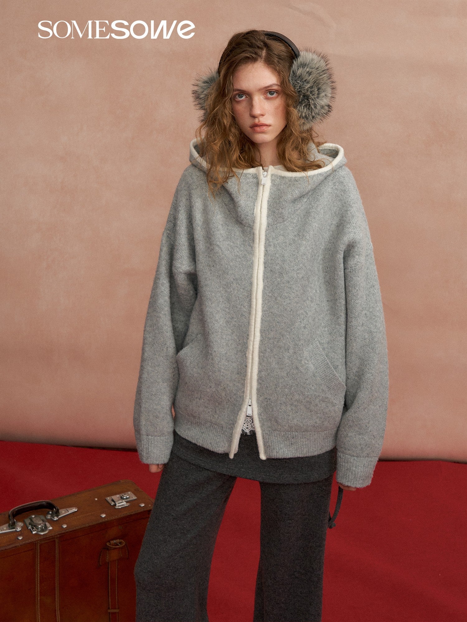 SOMESOWE S2508288 Loose contrasting edge hooded cardigan