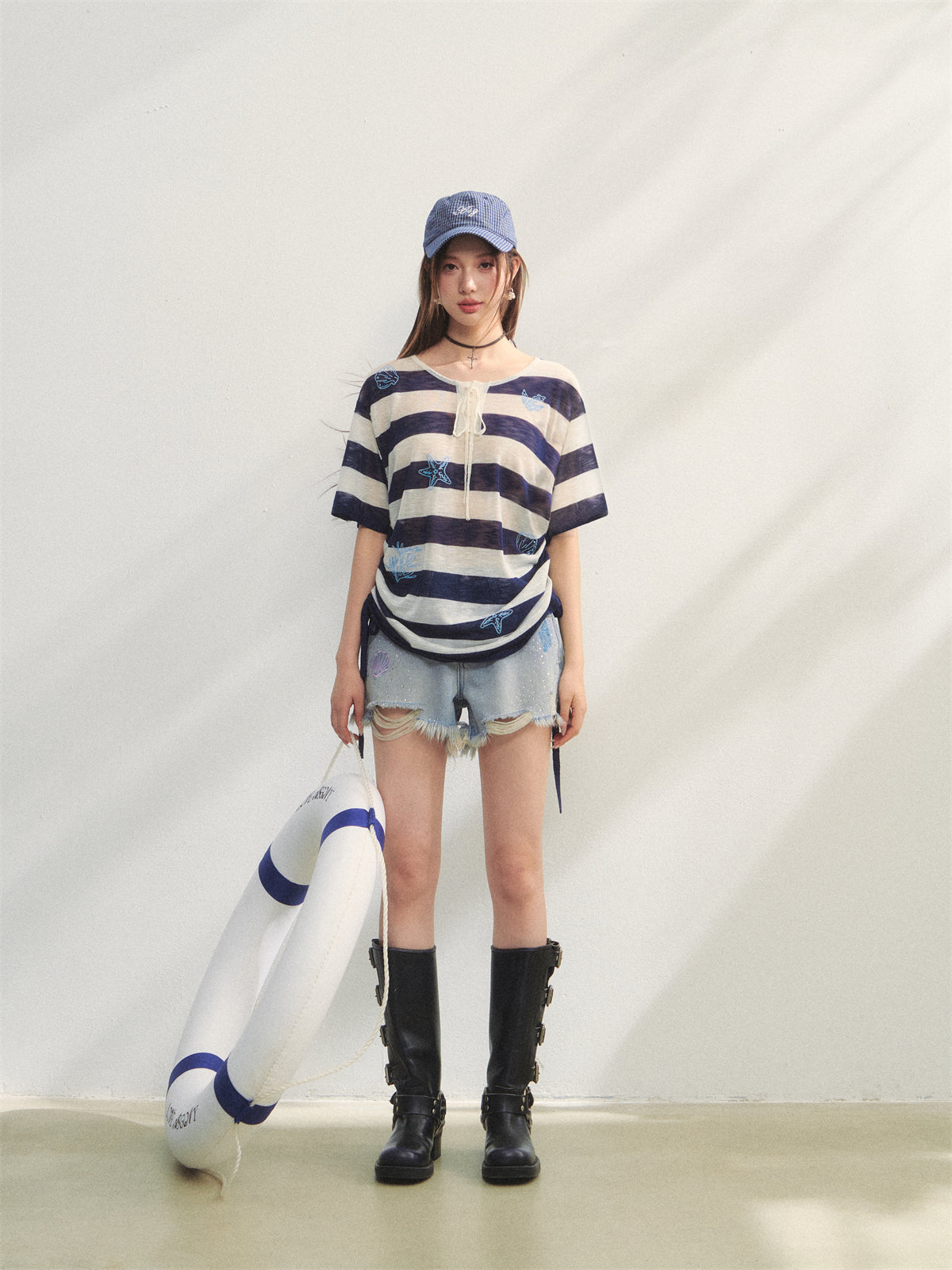 AsGony ASG25235 Ocean style striped embroidered drawstring top