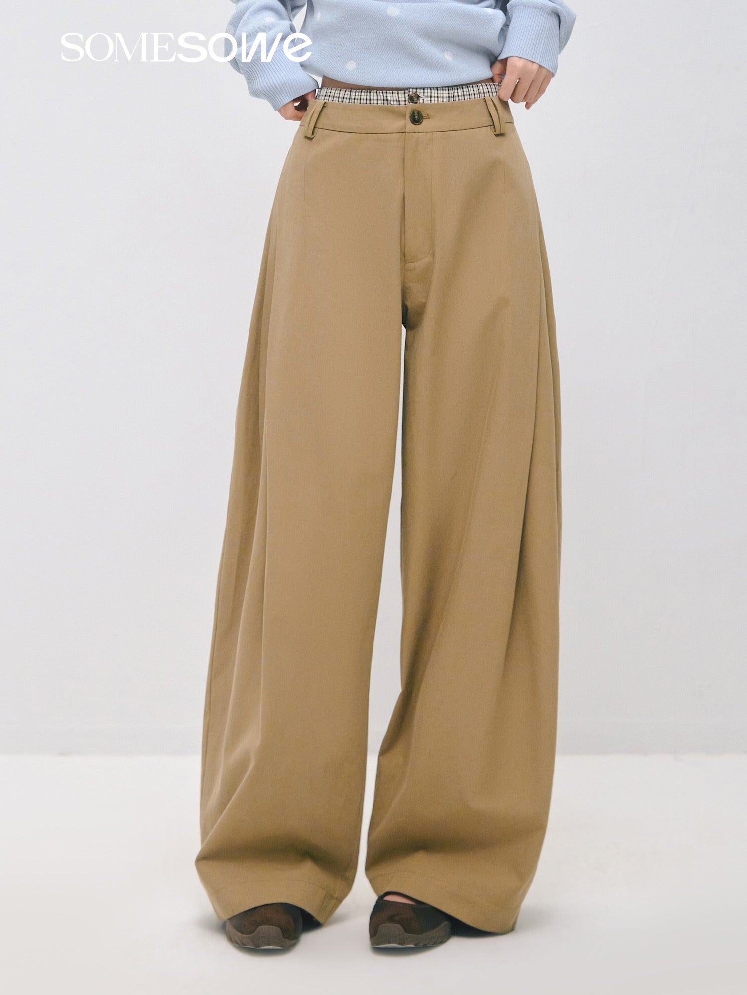 SOMESOWE S2509017 Double waisted diagonal pleated wide leg curved knife pants