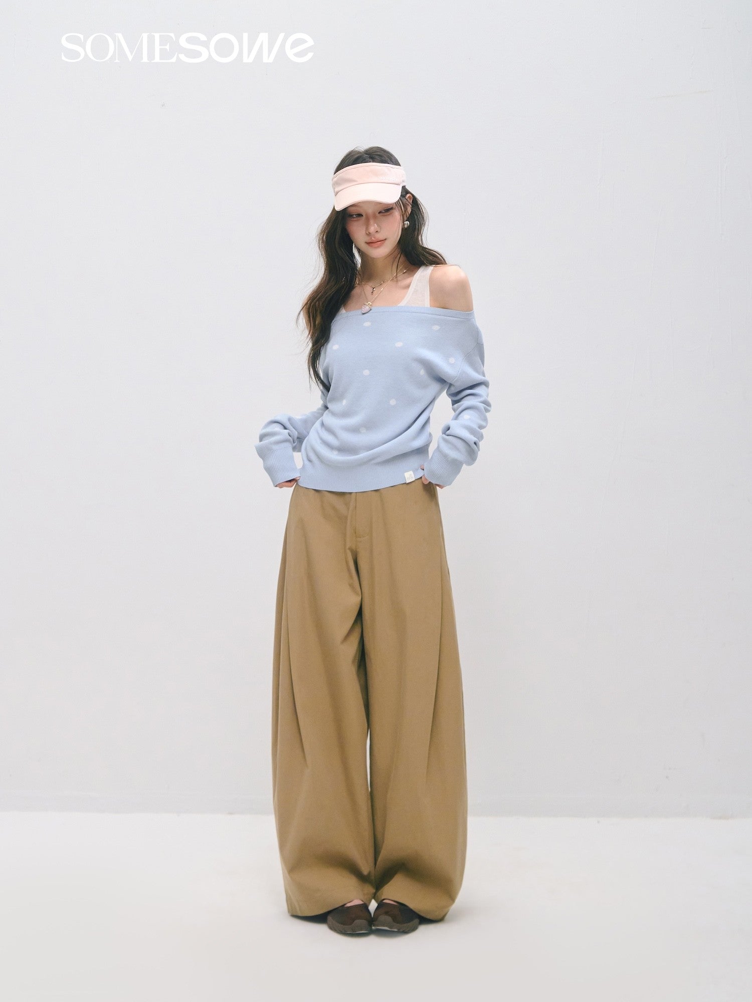 SOMESOWE S2509024 One shoulder polka dot fake two sweaters