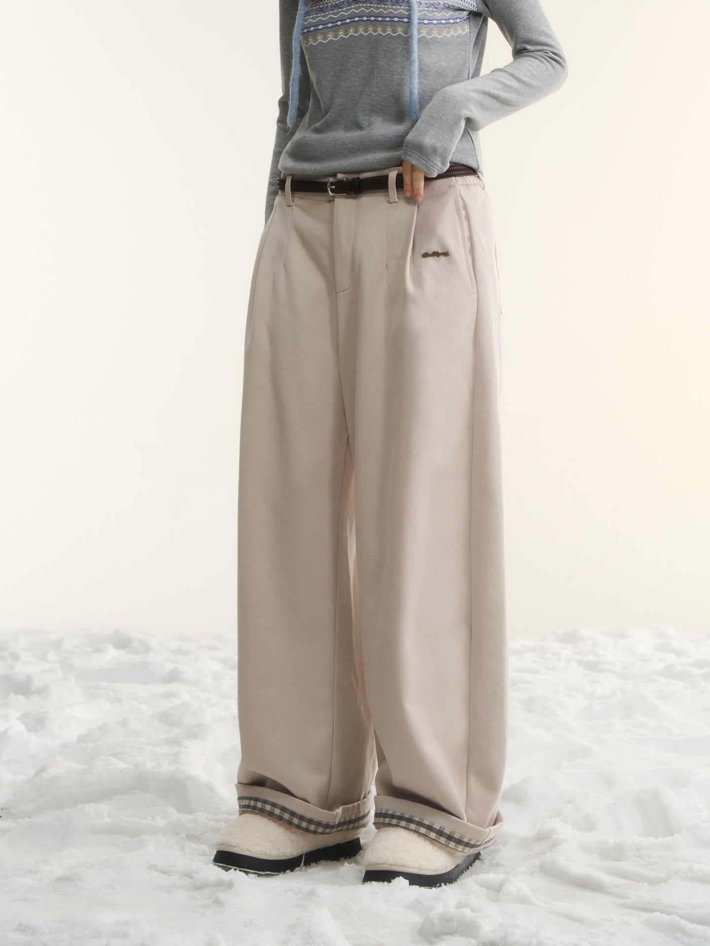 AsGony ASG25530 Plaid wide leg elastic and plush casual pants