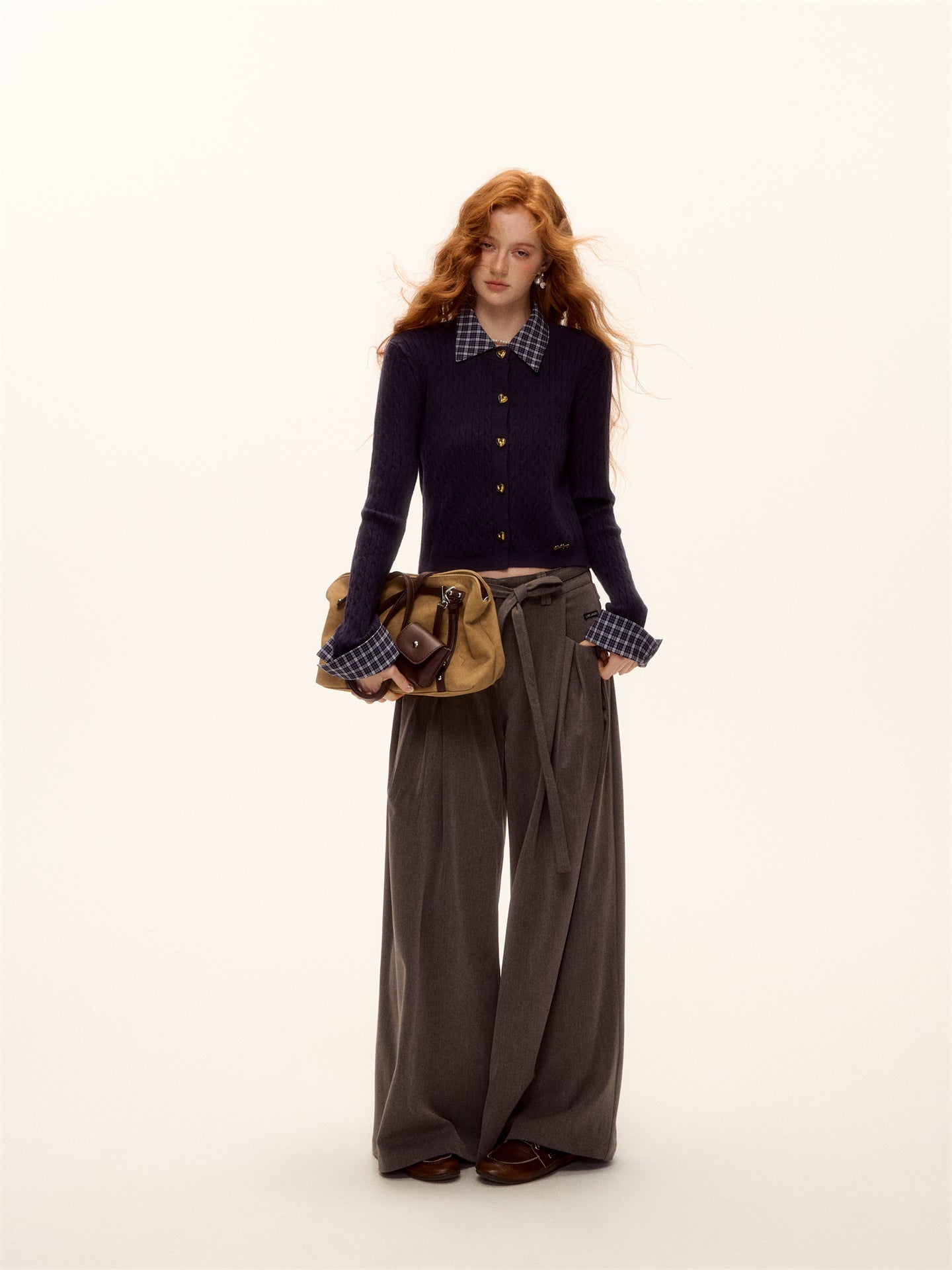 AsGony ASG25486 Pleated decorative strap wide leg pants