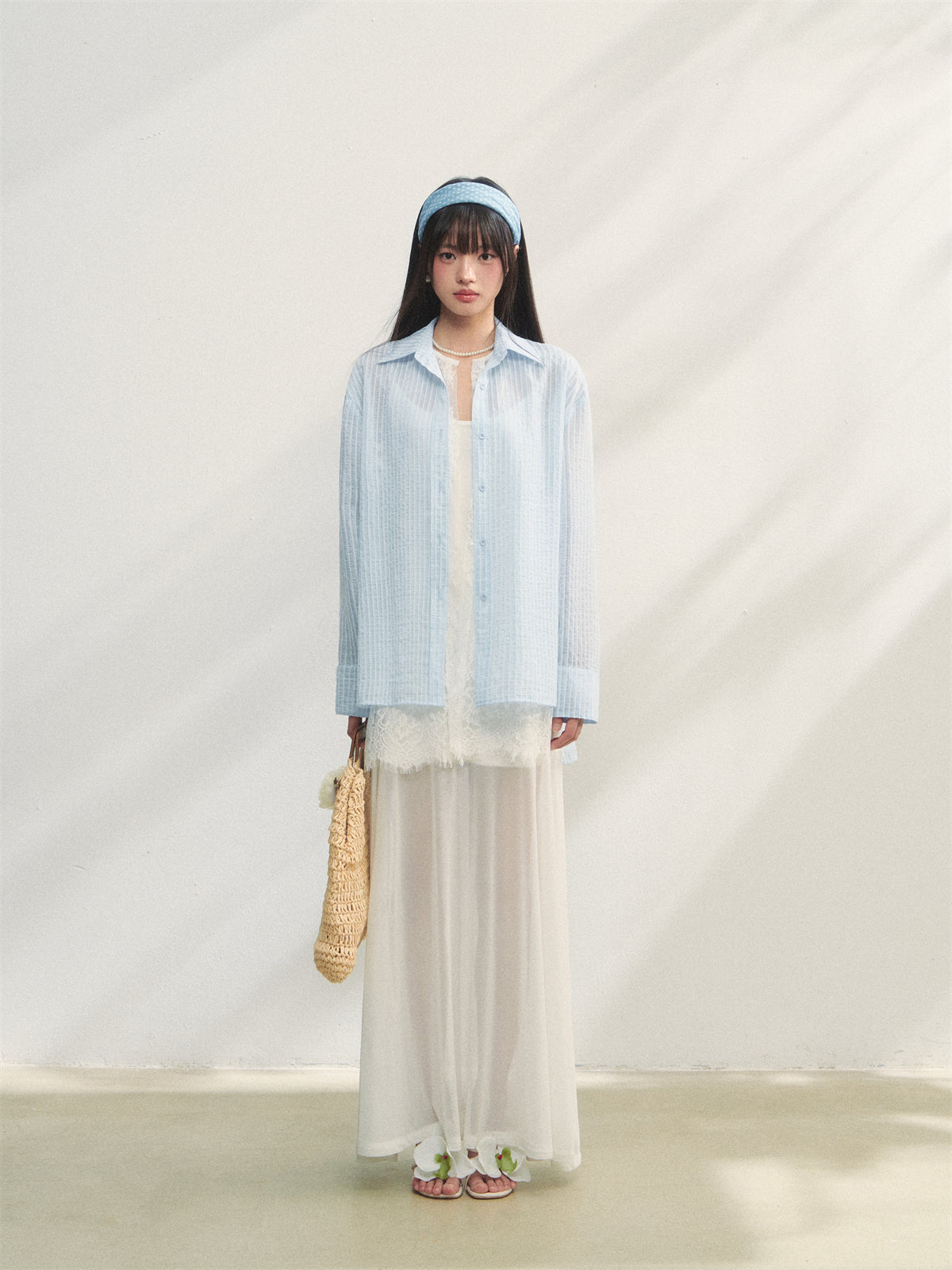 AsGony ASG25217 Striped lace patchwork long sleeved sunscreen shirt