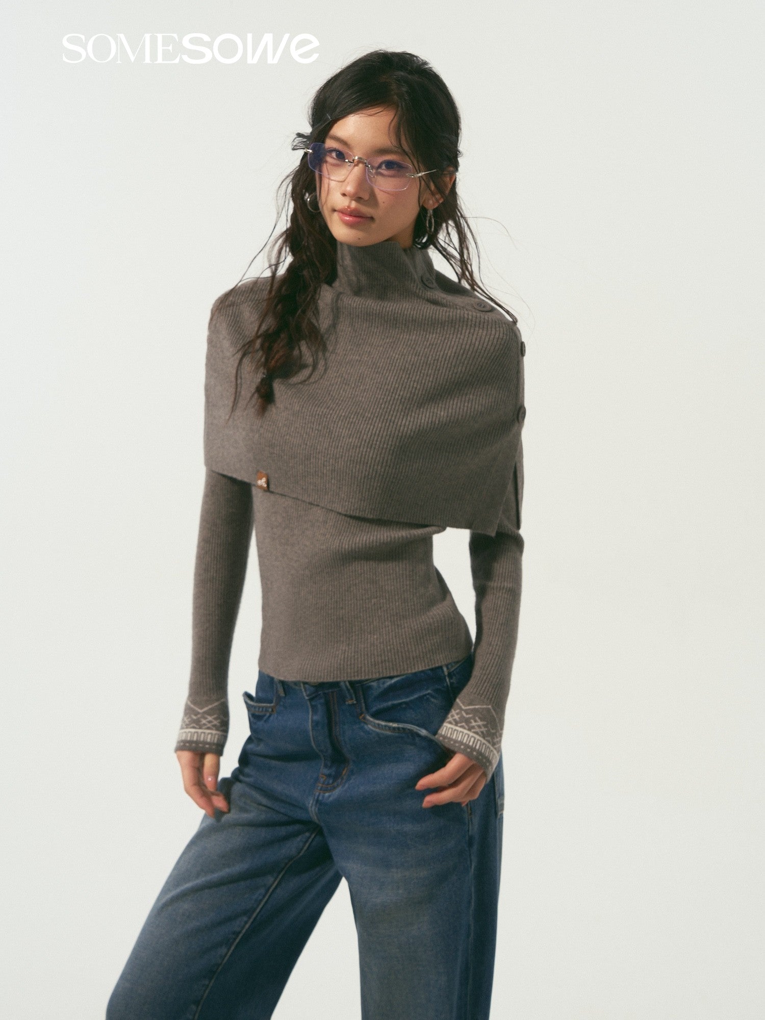 SOMESOWE S2508338 Shawl real two long sleeved knitted top