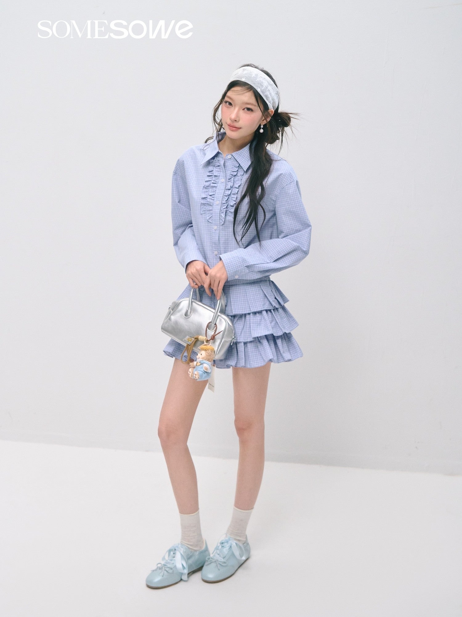 SOMESOWE S2509029&S2509030 Plaid ruffled silhouette short shirt + skirt