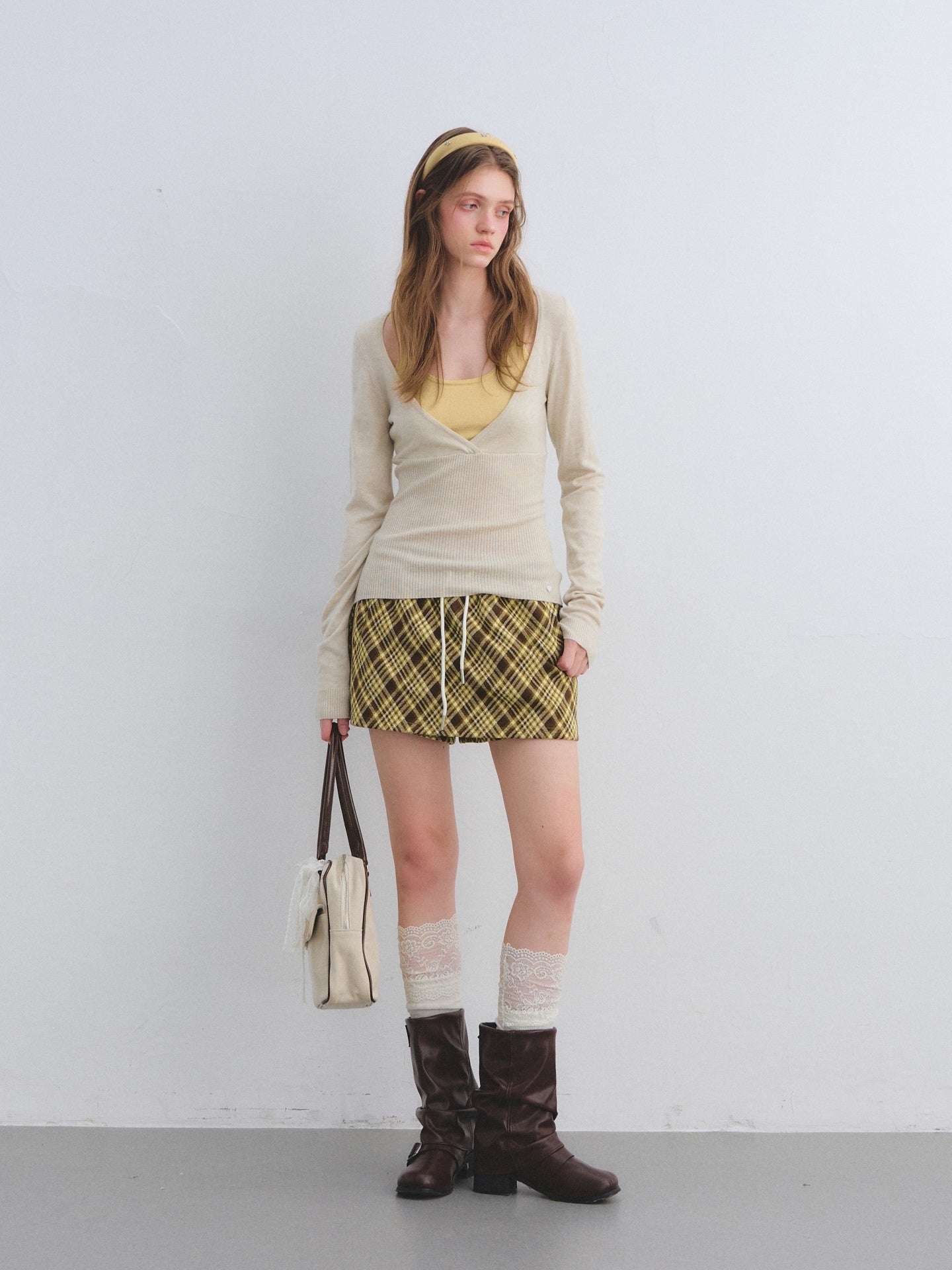 AsGony ASG25652 Elastic plaid tied skirt pants