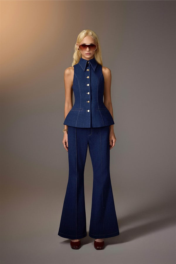 KEIRA TONG Sleeveless Denim Top & Flared Denim Pants